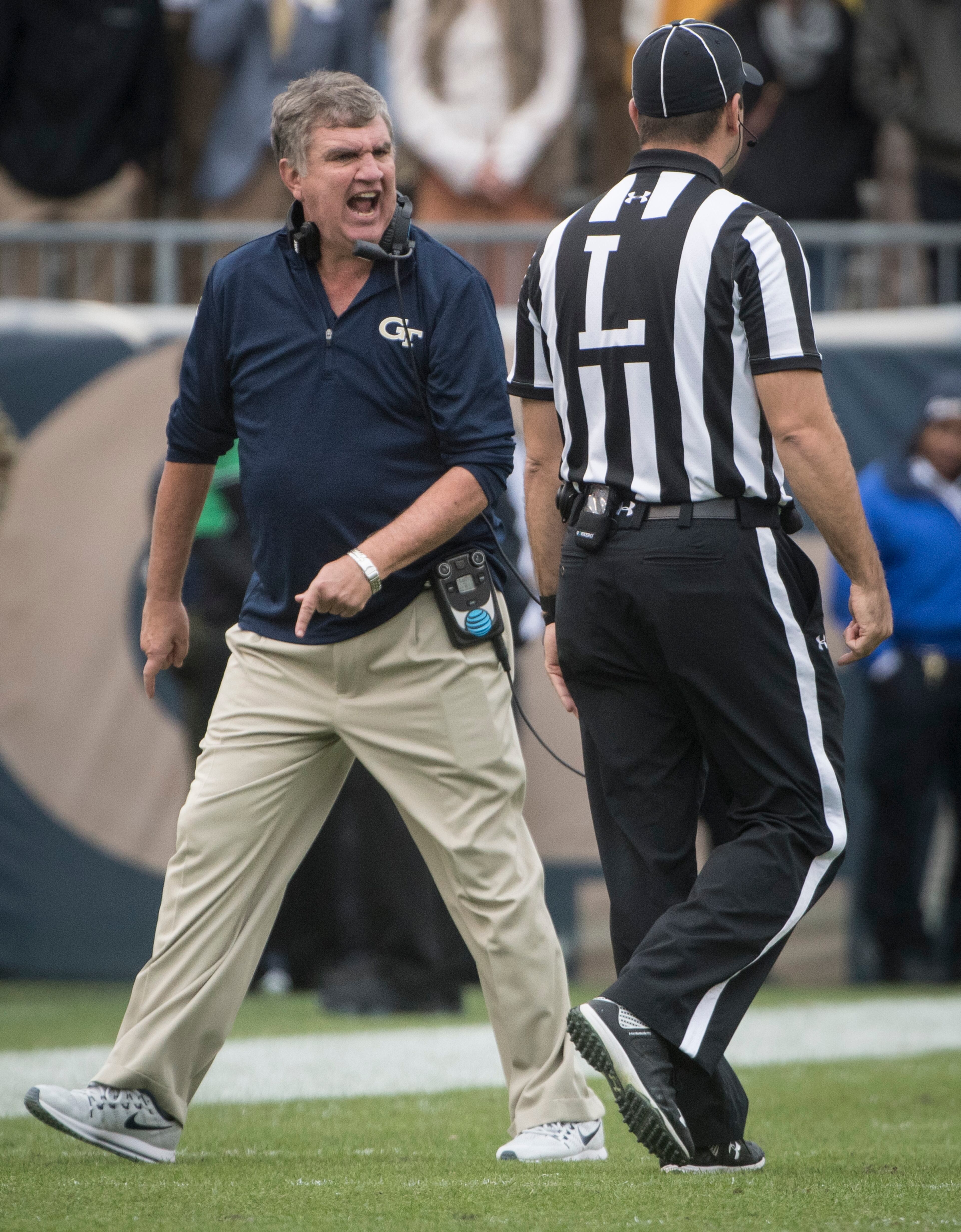 Georgia Tech head coach Paul Johnson expresses his displeasure with official Brian Sakowski during fourth quarter of a football game against Virginia Tech on Saturday, Nov.11, 2017, in Atlanta. (Photo/John Amis)