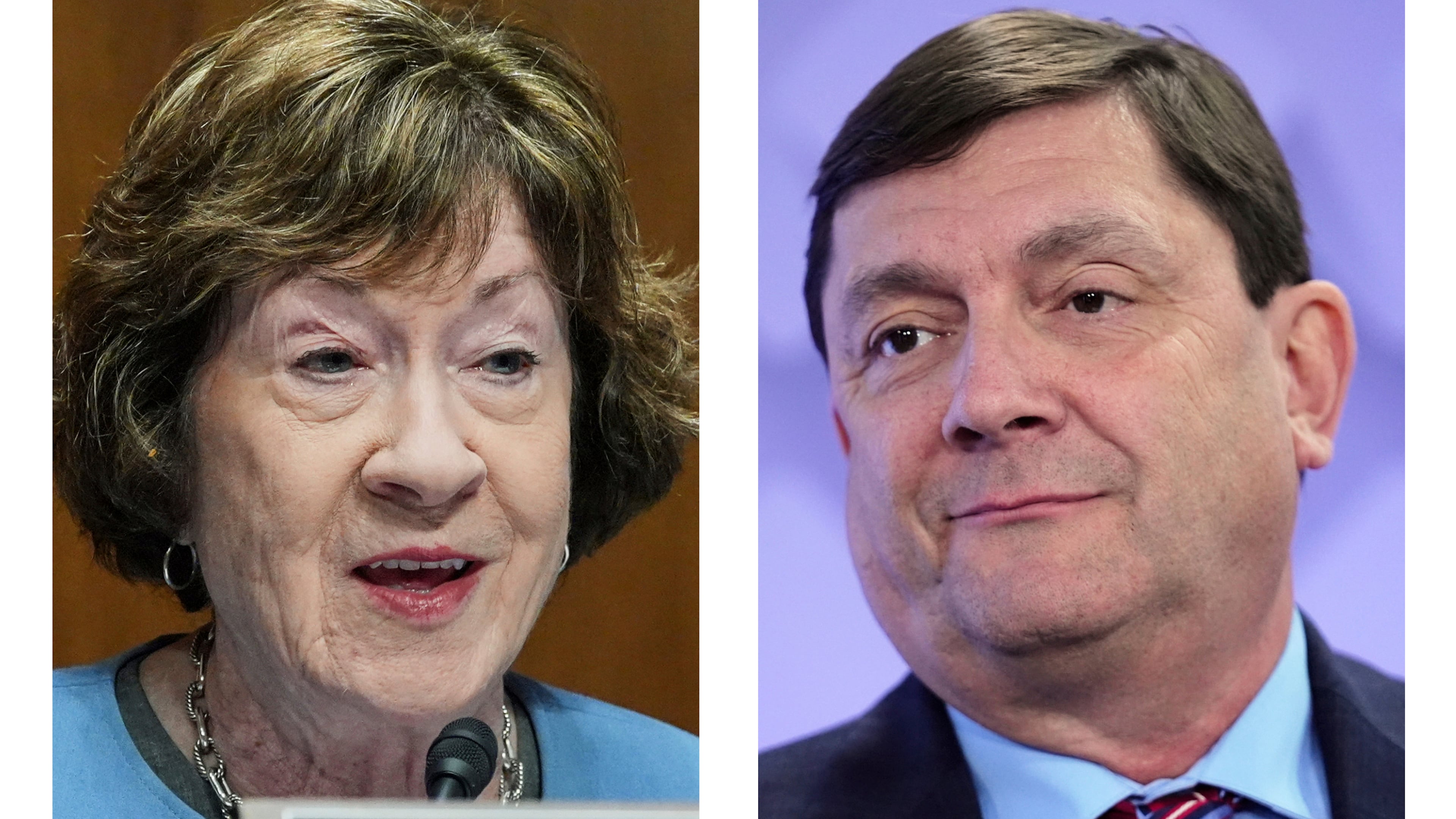 This combination of photos shows Sen. Susan Collins, R-Maine, on Sept. 24, 2026, in Washington, left, and her challenger for the Maine's U.S. Senate seat, Democratic candidate Troy Jackson on July 16, 2026, in Portland, Maine. (AP Photo/Mariam Zuhaib, Robert F. Bukaty)