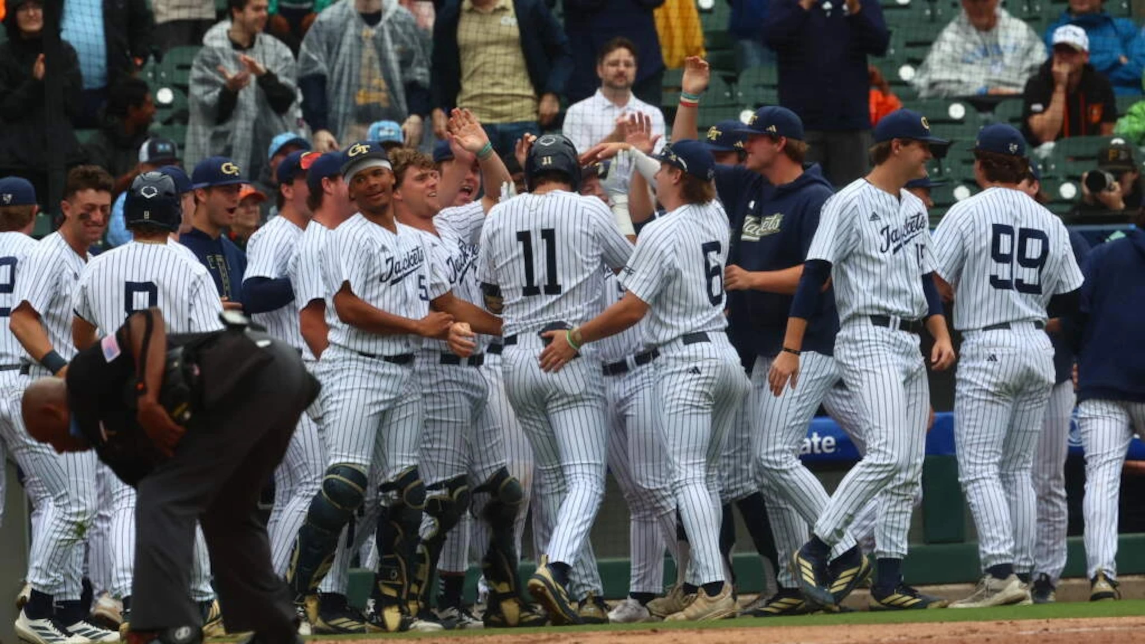 Georgia Tech players celebrate their win over Miami during the ACC semifinals on Saturday, May 23, 2026, at Truist Field in Charlotte, N.C. (Courtesy of Georgia Tech Athletics)