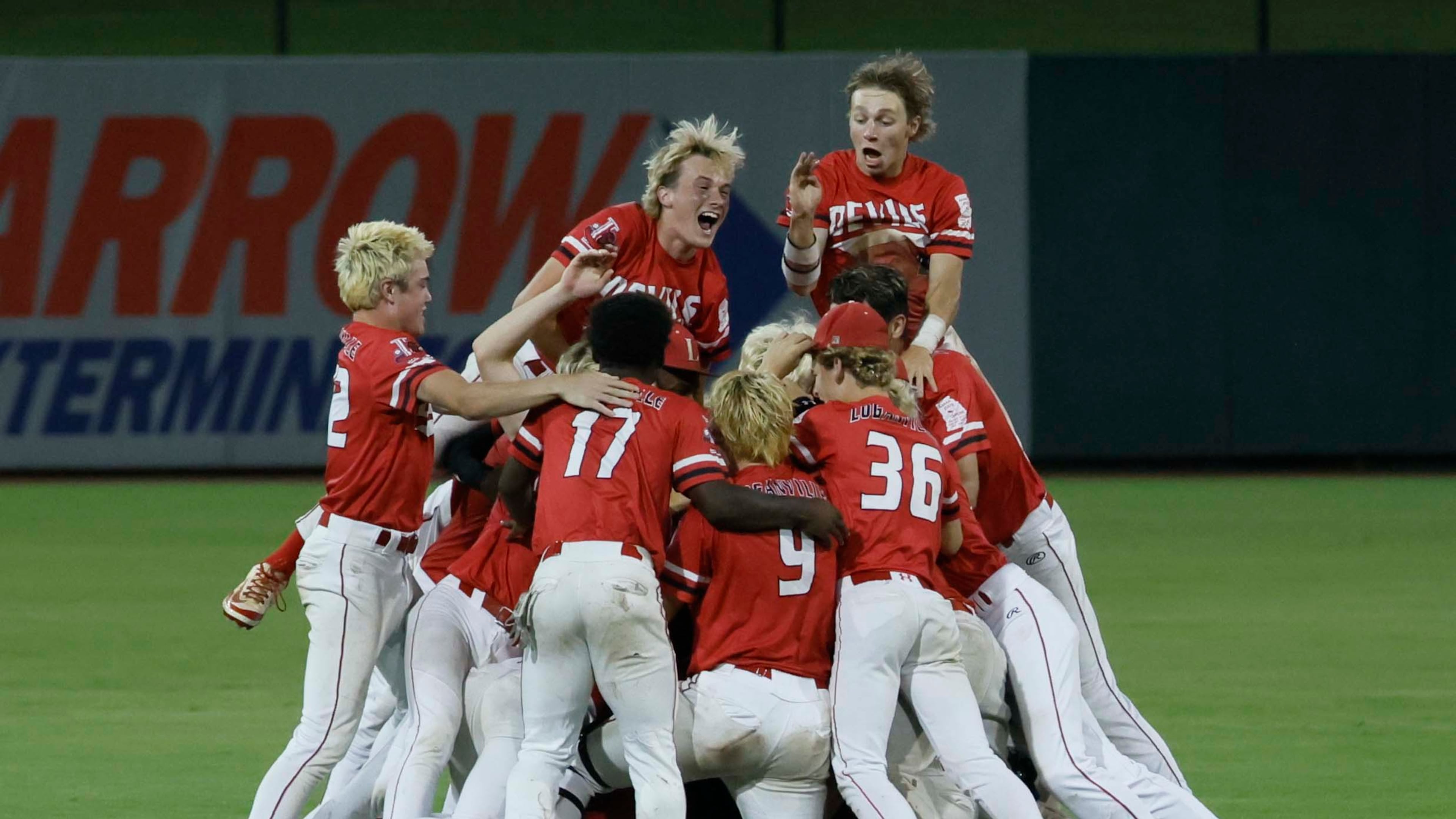 Loganville players celebrate after winning 4-3 against Pope in Game 3 of the Class 5A baseball championship series at Gwinnett Field on Tuesday, May 26, 2026, in Lawrenceville. (Miguel Martinez/AJC)