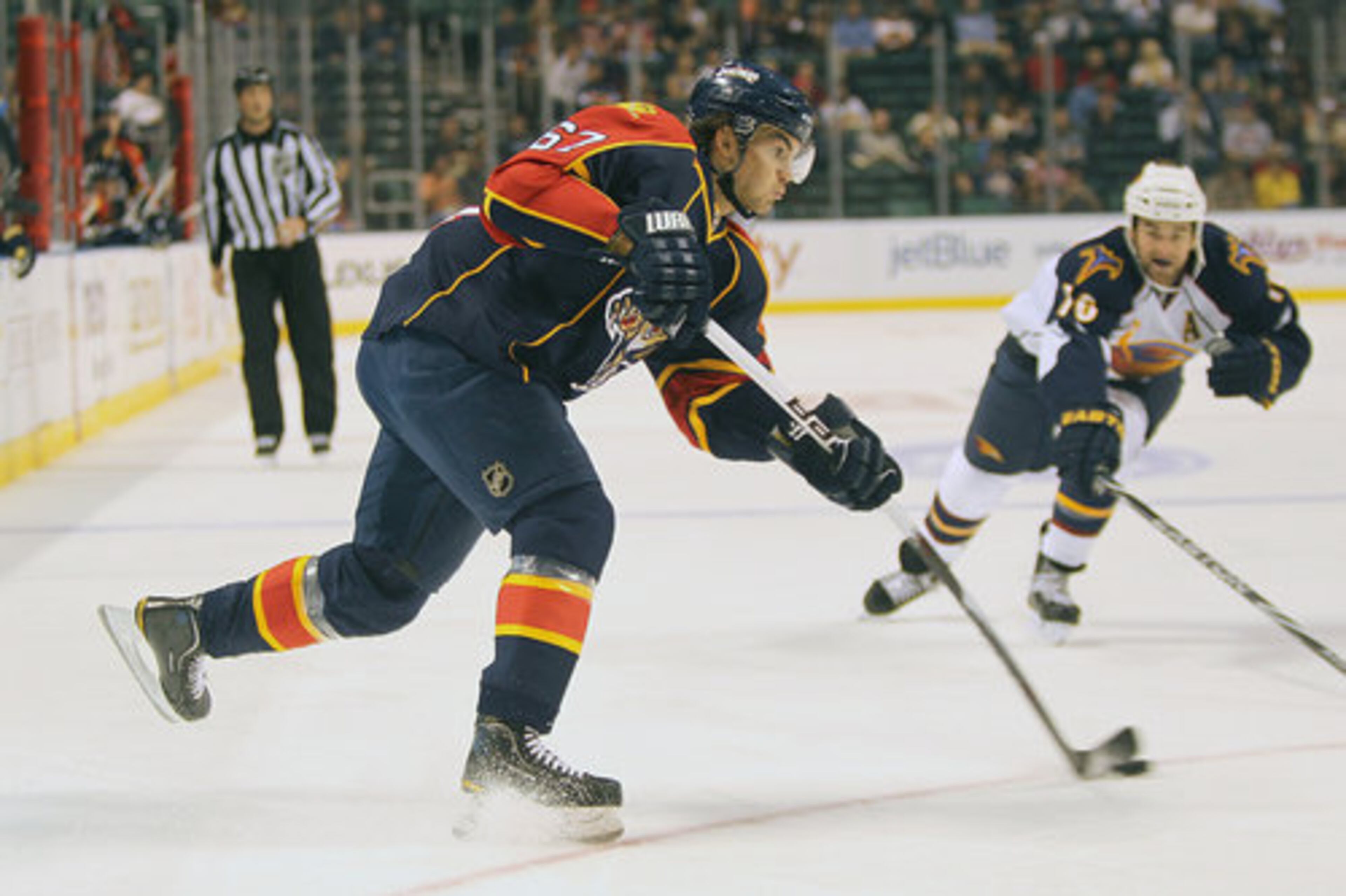 The Florida Panthers' Michael Frolik takes a shot in the first period against the Atlanta Thrashers at Bank Atlantic Center in Sunrise, Florida, on Wednesday, November 3, 2010. Atlanta defeated the Panthers, 4-3.