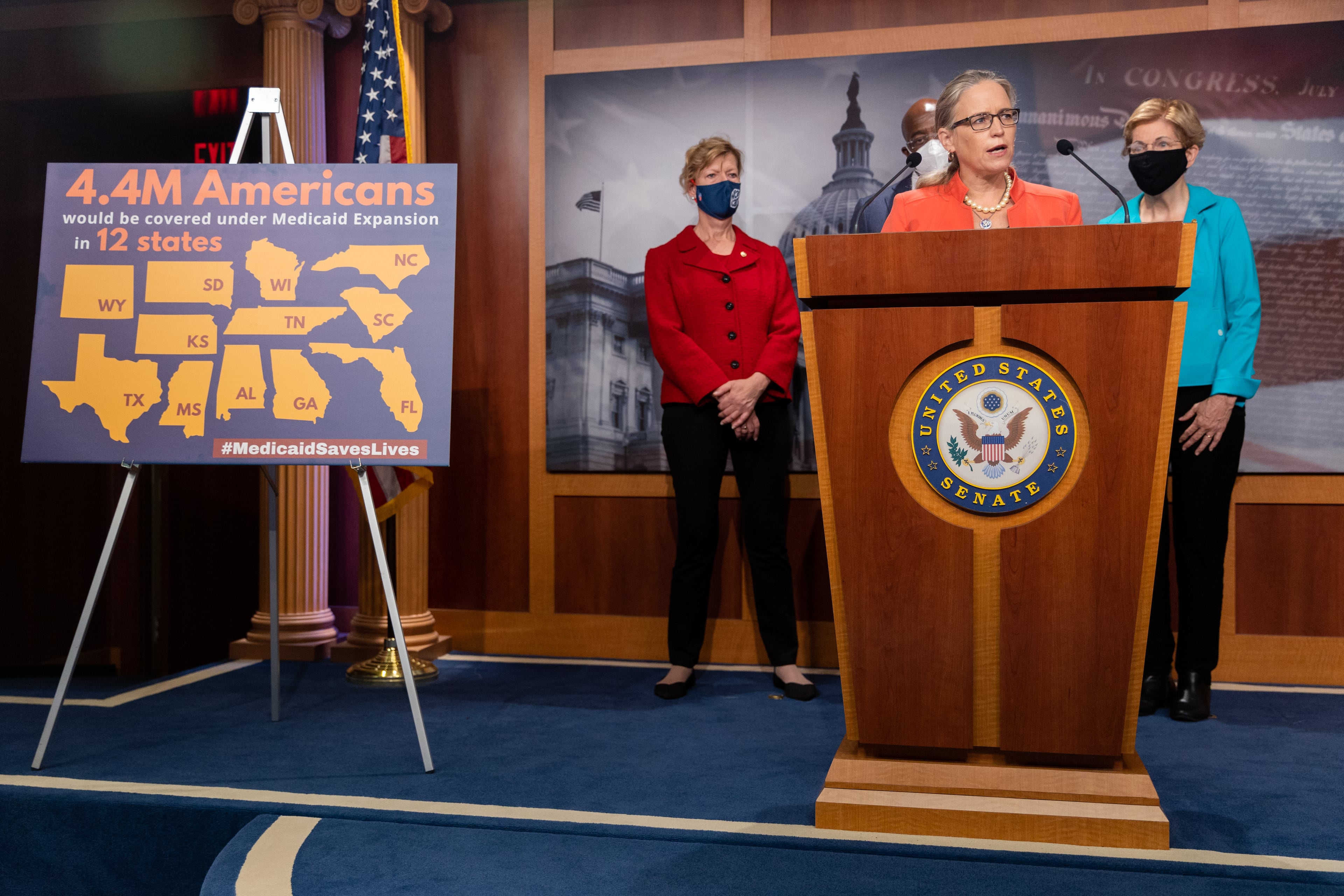 Congresswoman Carolyn Bourdeaux (D-GA) speaks at a press conference on Medicaid expansion with other democratic lawmakers on Capitol Hill in Washington, DC on September 23rd, 2021.
