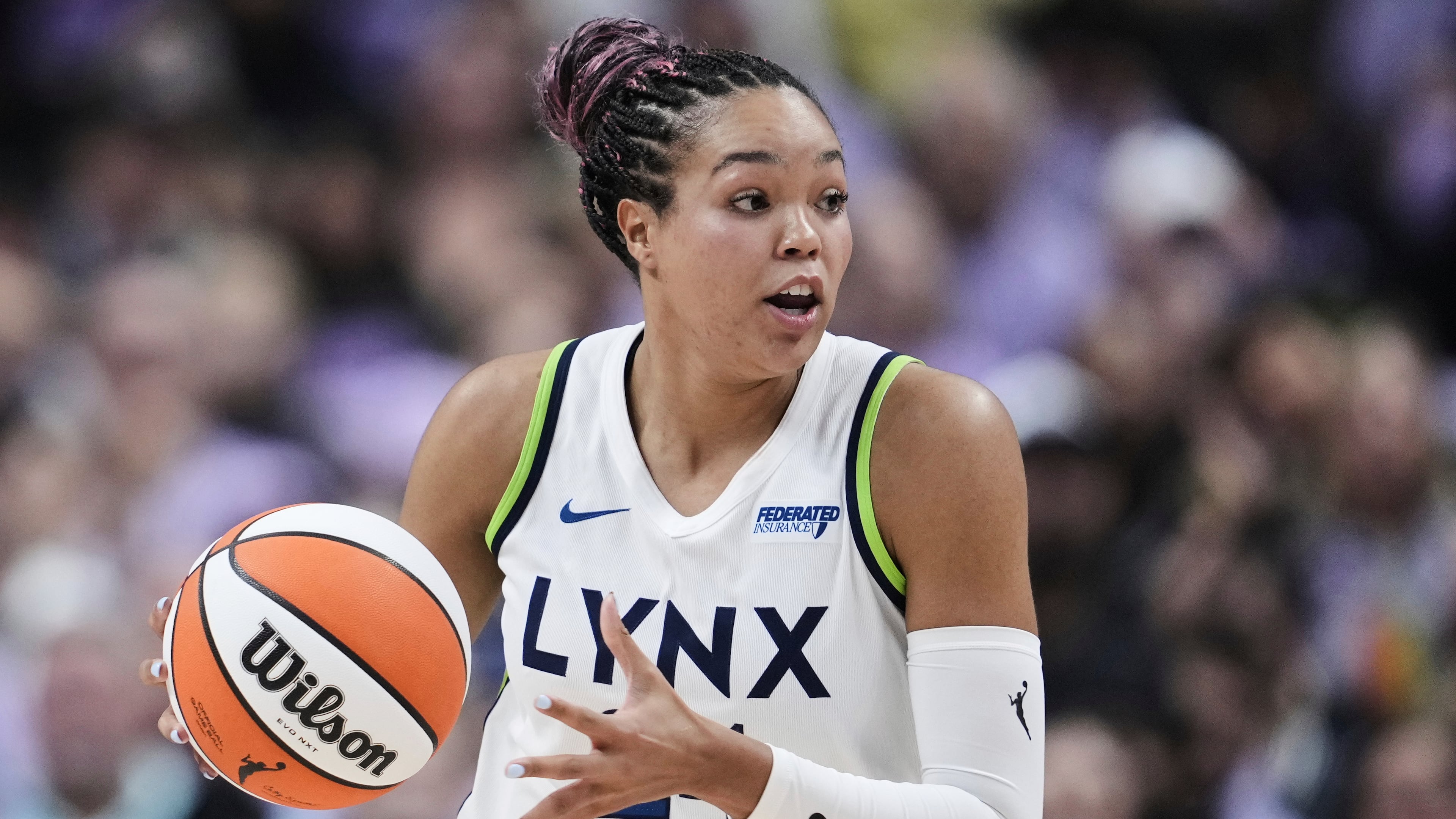 FILE - Minnesota Lynx forward Napheesa Collier moves the ball during the first half of Game 2 in the first round of the WNBA basketball playoffs against the Golden State Valkyries, Wednesday, Sept. 17, 2025, in San Jose, Calif. (AP Photo/Godofredo A. Vásquez, File)