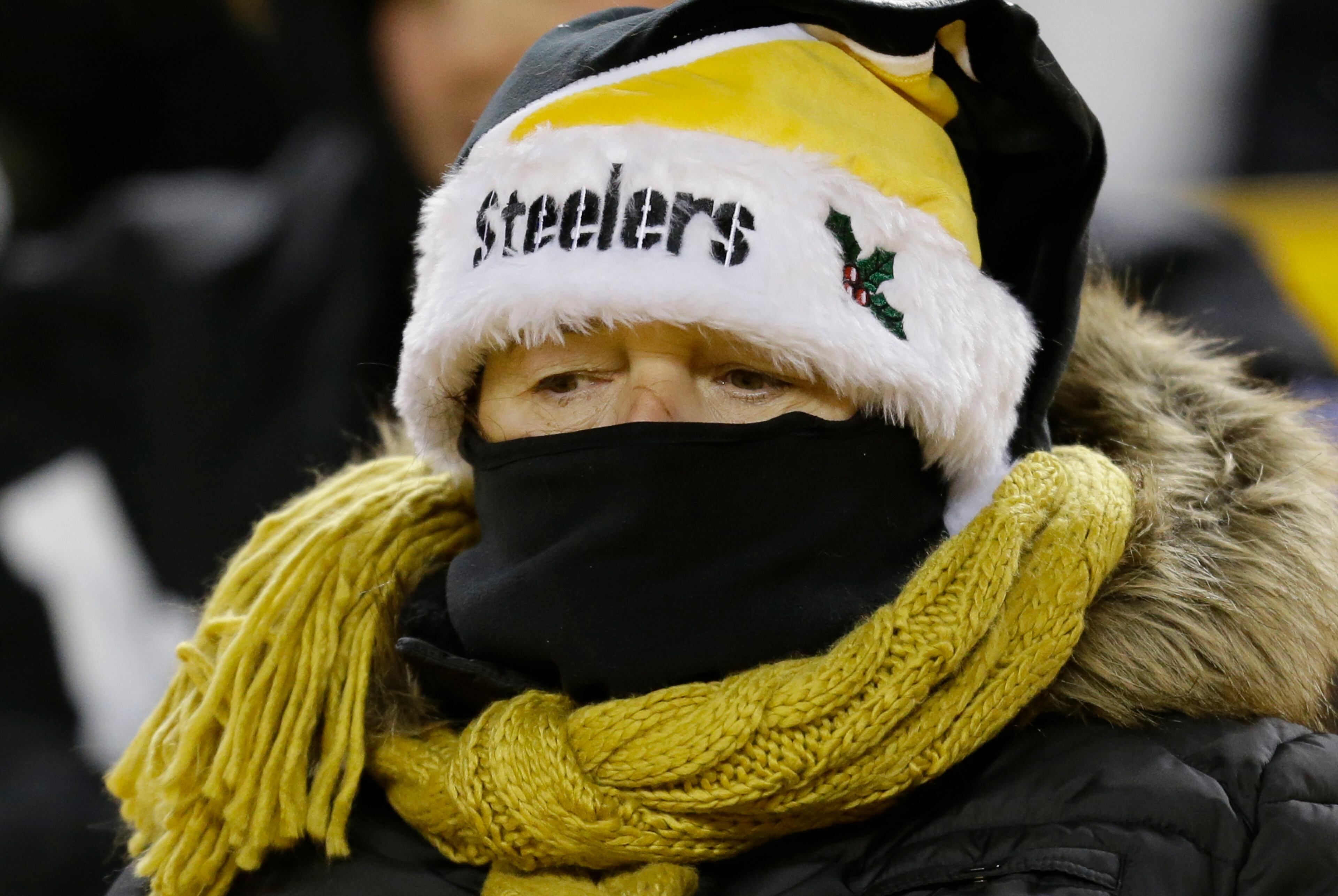 Football fans are bundled up against the cold in the stands before an NFL football game between the Pittsburgh Steelers and the Cincinnati Bengals on Sunday, Dec. 15, 2013 in Pittsburgh. (AP Photo/Gene J. Puskar)