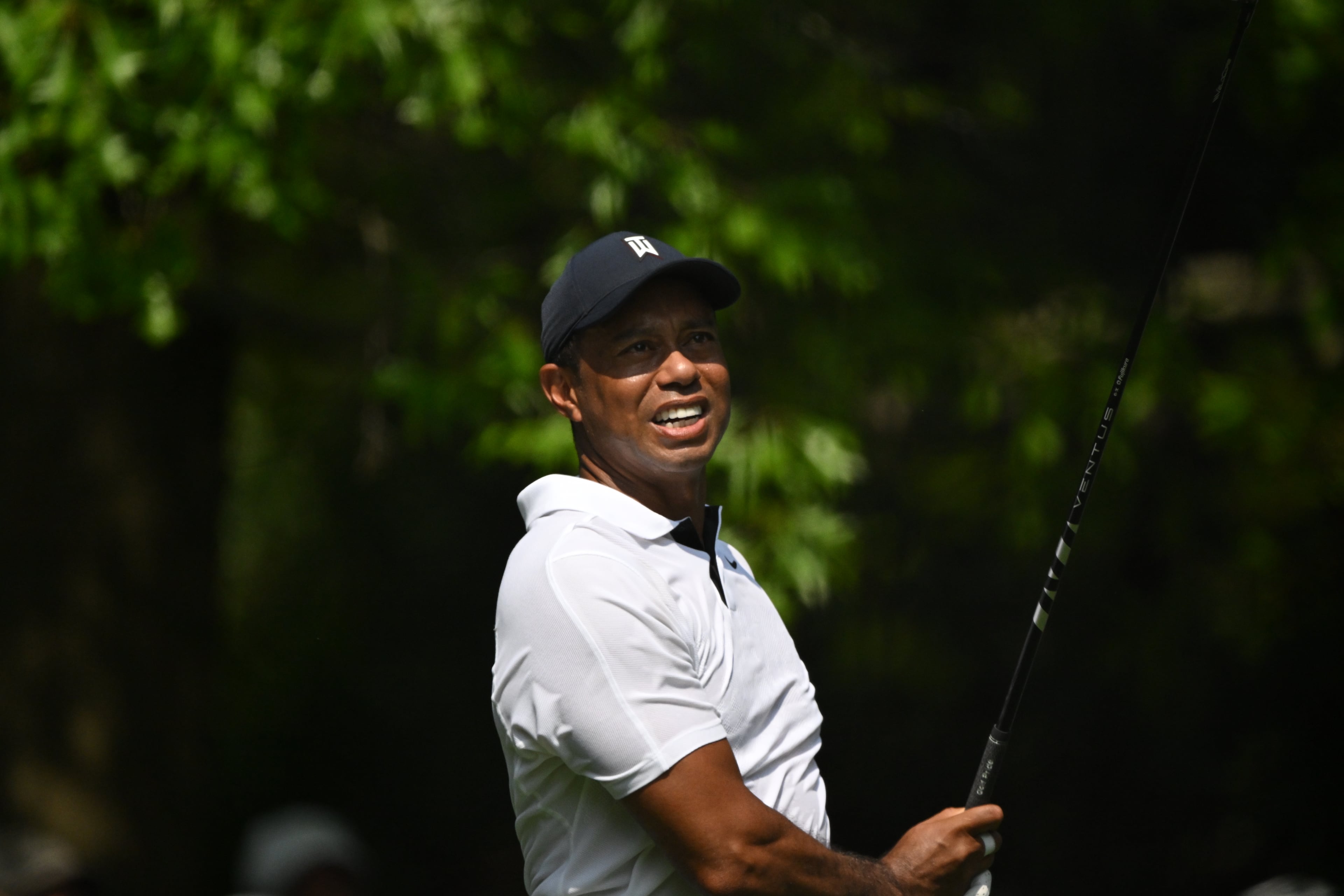 Tiger Woods drives off the seventh tee at the first round of the 2023 Masters Tournament at Augusta National Golf Club, Thursday, April 6, 2023, in Augusta, Ga. (Hyosub Shin / Hyosub.Shin@ajc.com)