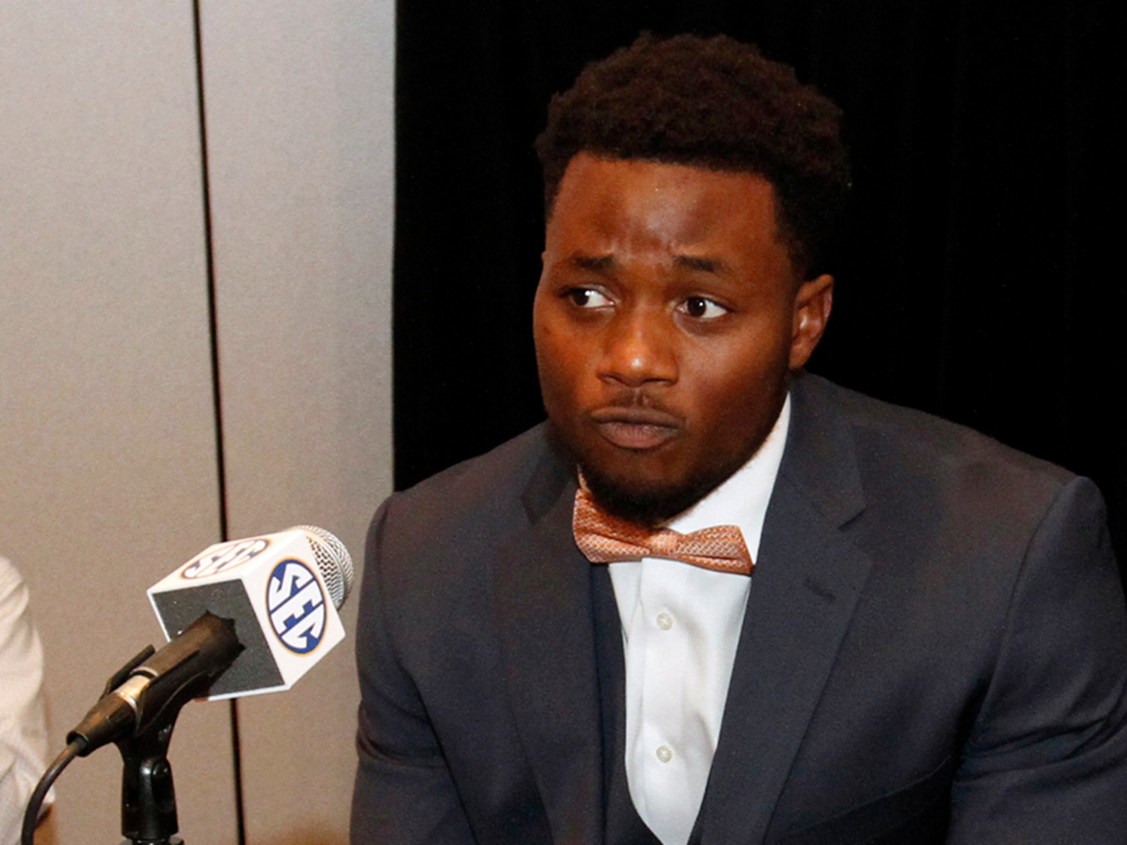 Florida defensive end Dante Fowler speaks to media at SEC media days on Monday, July 14, 2014, in Hoover, Ala.