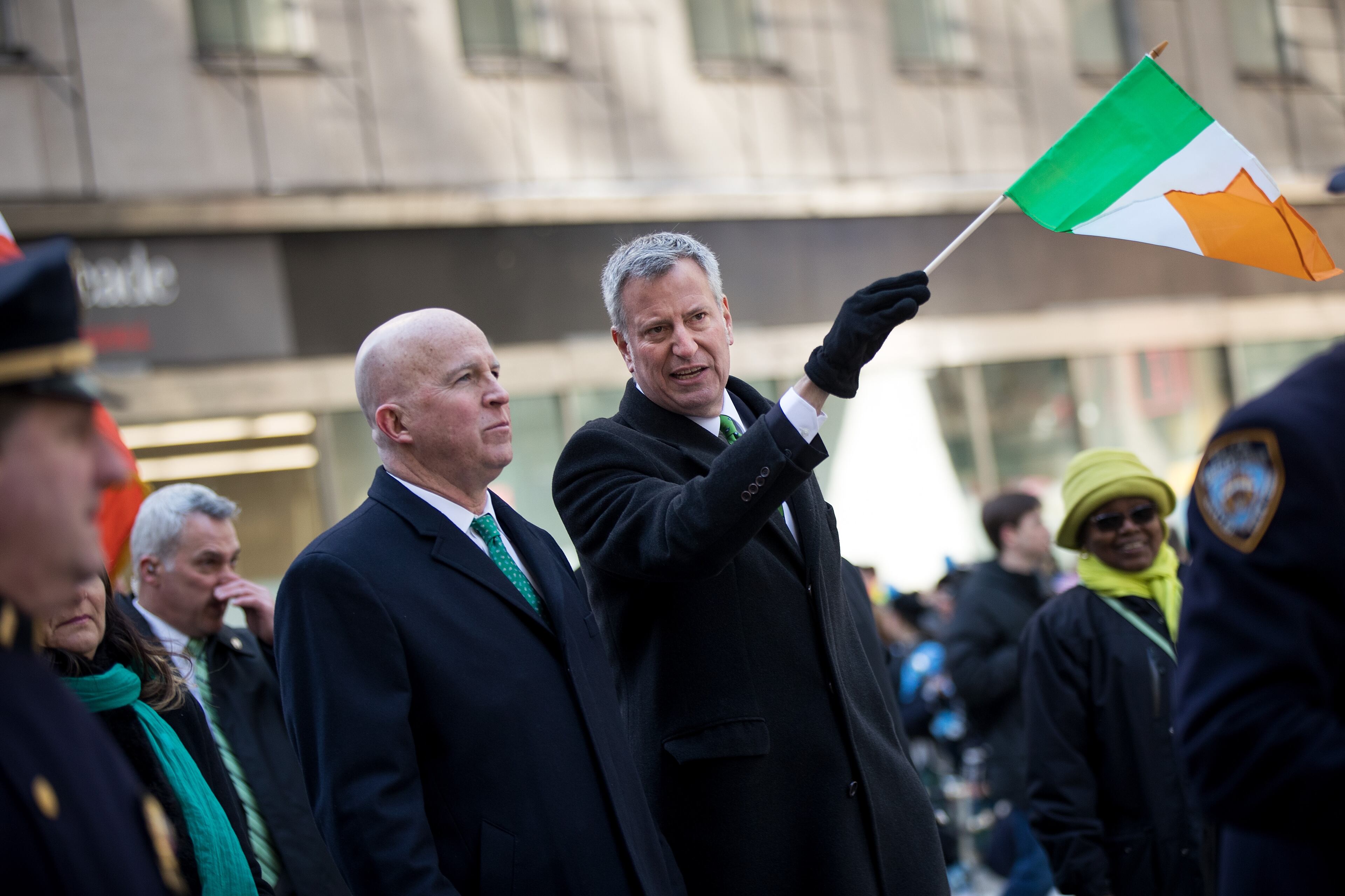 NEW YORK, NY - MARCH 17: (L to R) New York City Police Commissioner James O'Neill and New York City Mayor Bill de Blasio march in the annual St. Patrick's Day parade on 5th Avenue, March 17, 2017 in New York City. The New York City St. Patrick's Day parade, dating back to 1762, is the world's largest St. Patrick's Day celebration. (Photo by Drew Angerer/Getty Images)