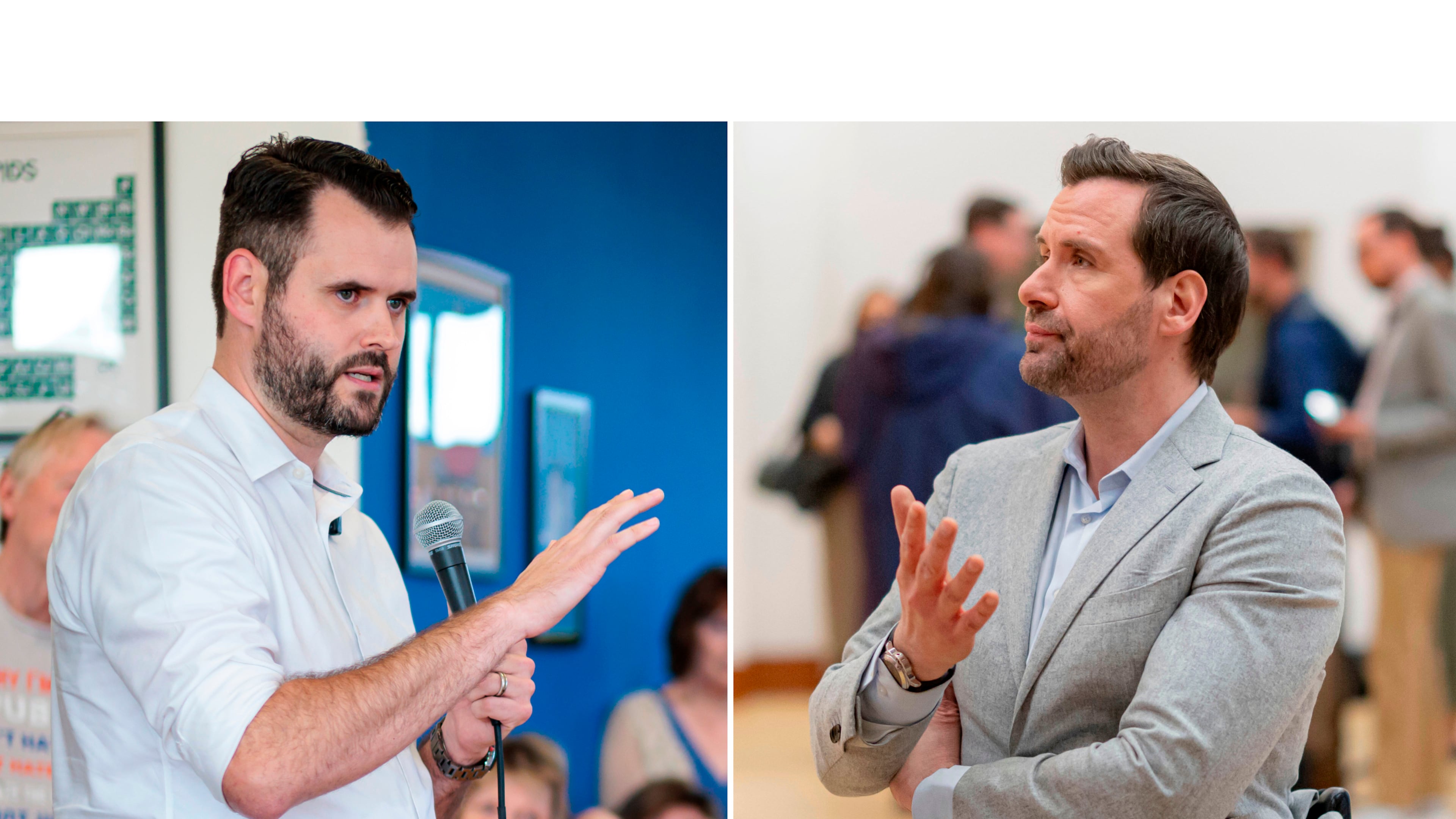 This combination of file photos shows Iowa State Sen. and candidate for the Democratic nomination for U.S. Senate Zach Wahls speaking in Cedar Rapids, Iowa, Sept, 11, 2025, left, and Iowa state Rep. Josh Turek speaking in Des Moines, Iowa, April 8, 2026, right. (Nick Rohlman/The Gazette via AP, File)
