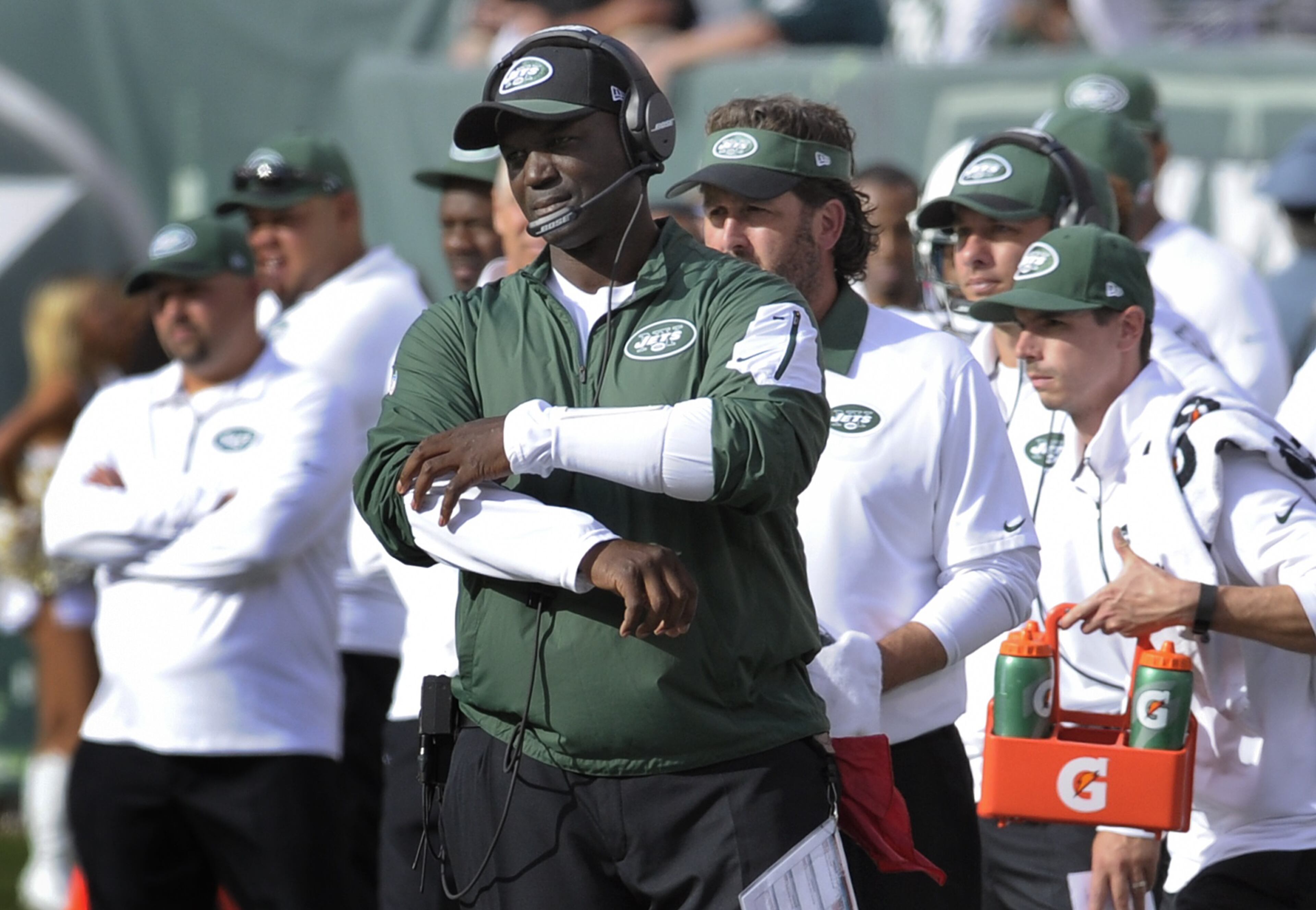 New York Jets head coach Todd Bowles reacts after a Jets' turnover during the fourth quarter of an NFL football game against the Philadelphia Eagles, Sunday, Sept. 27, 2015, in East Rutherford, N.J. (AP Photo/Bill Kostroun)