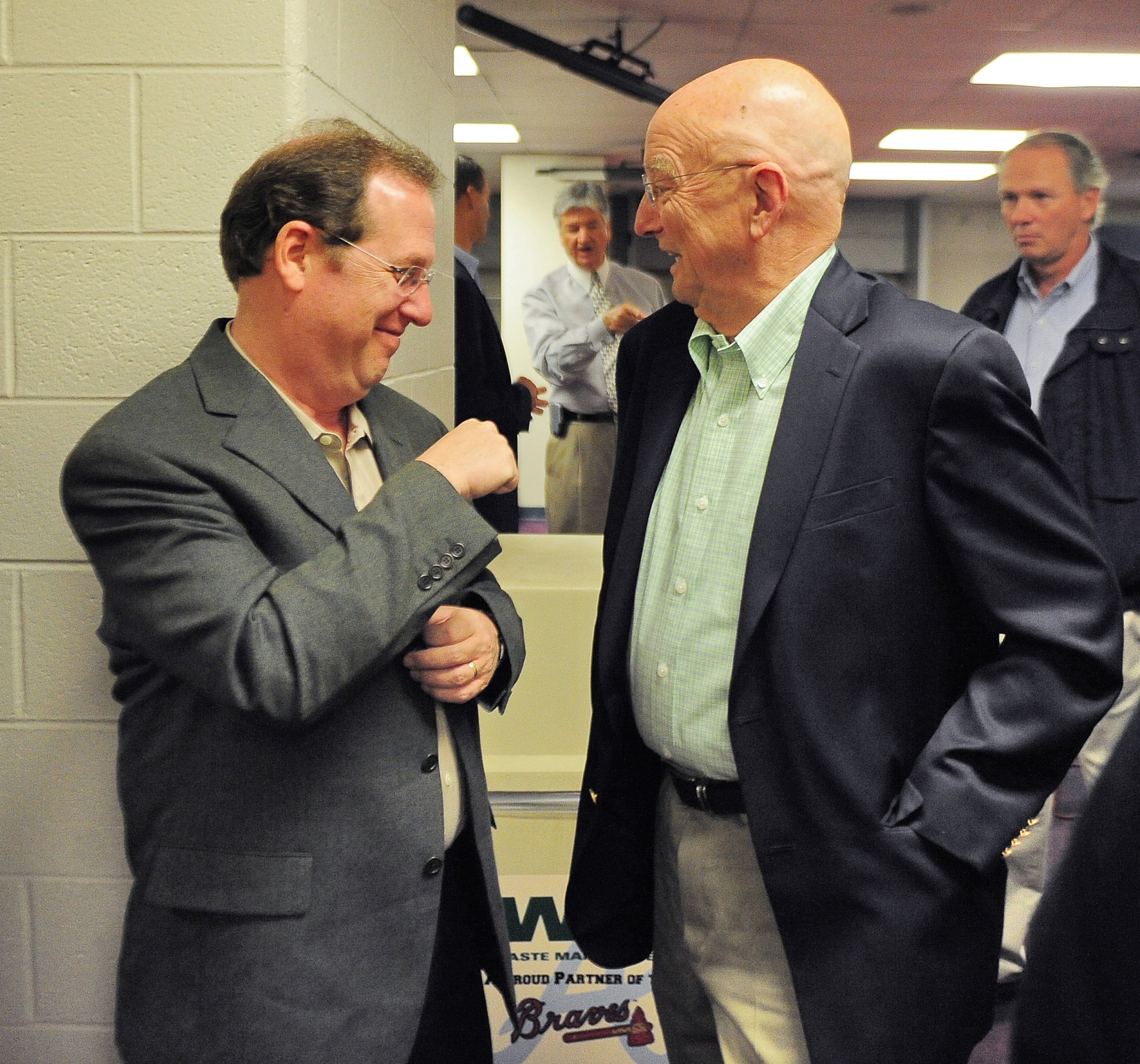 Pete Van Wieren and Glenn Diamond joke around after a press conference to formally announce that Van Wieren was retiring after 33 years on Tuesday, October 22, 2008.