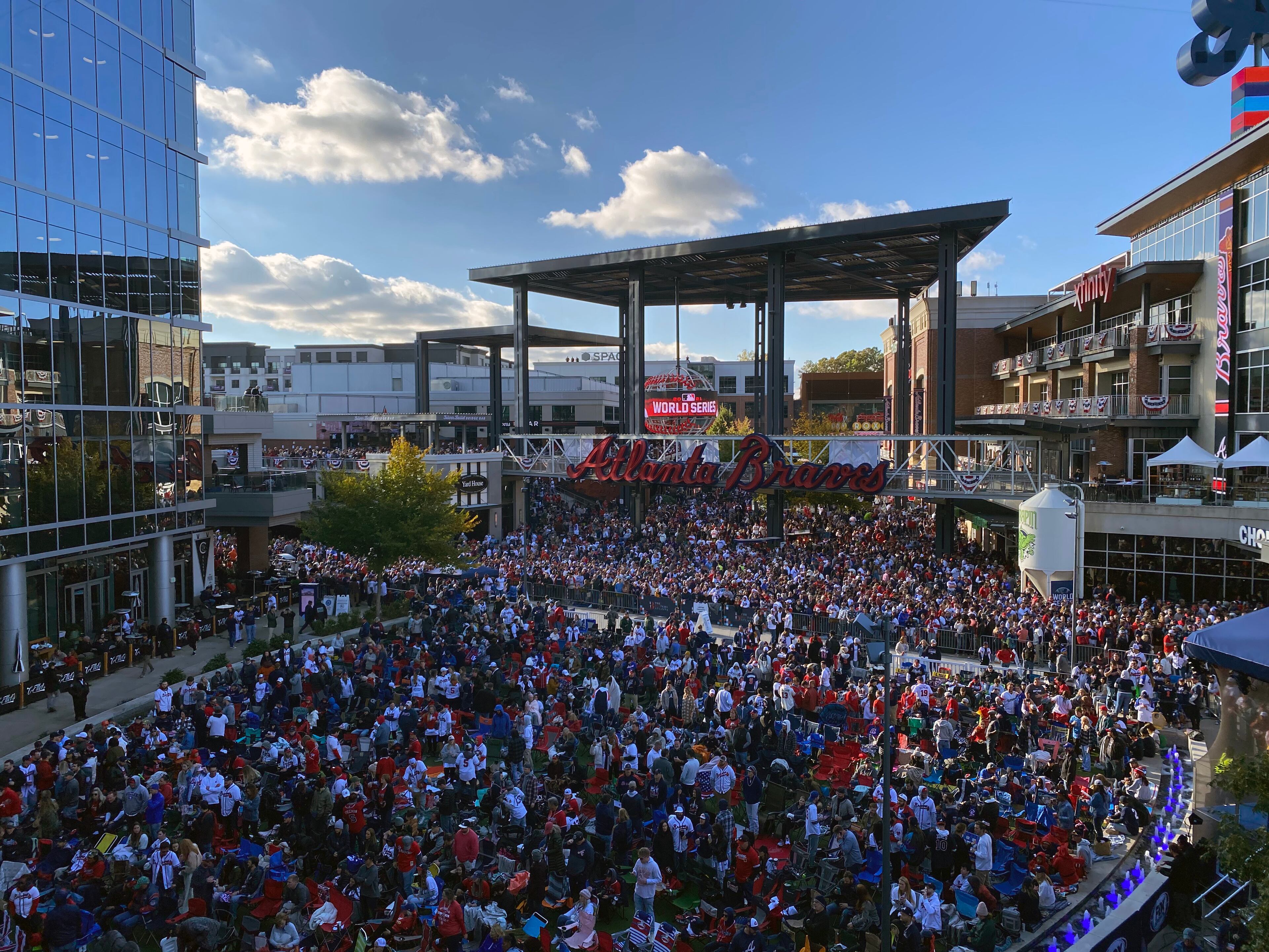 Baseball fans fill The Battery at Truist Park on Sunday. Oct. 31, 2021, as the Atlanta Braves are on the brink of winning the World Series in Game 5.