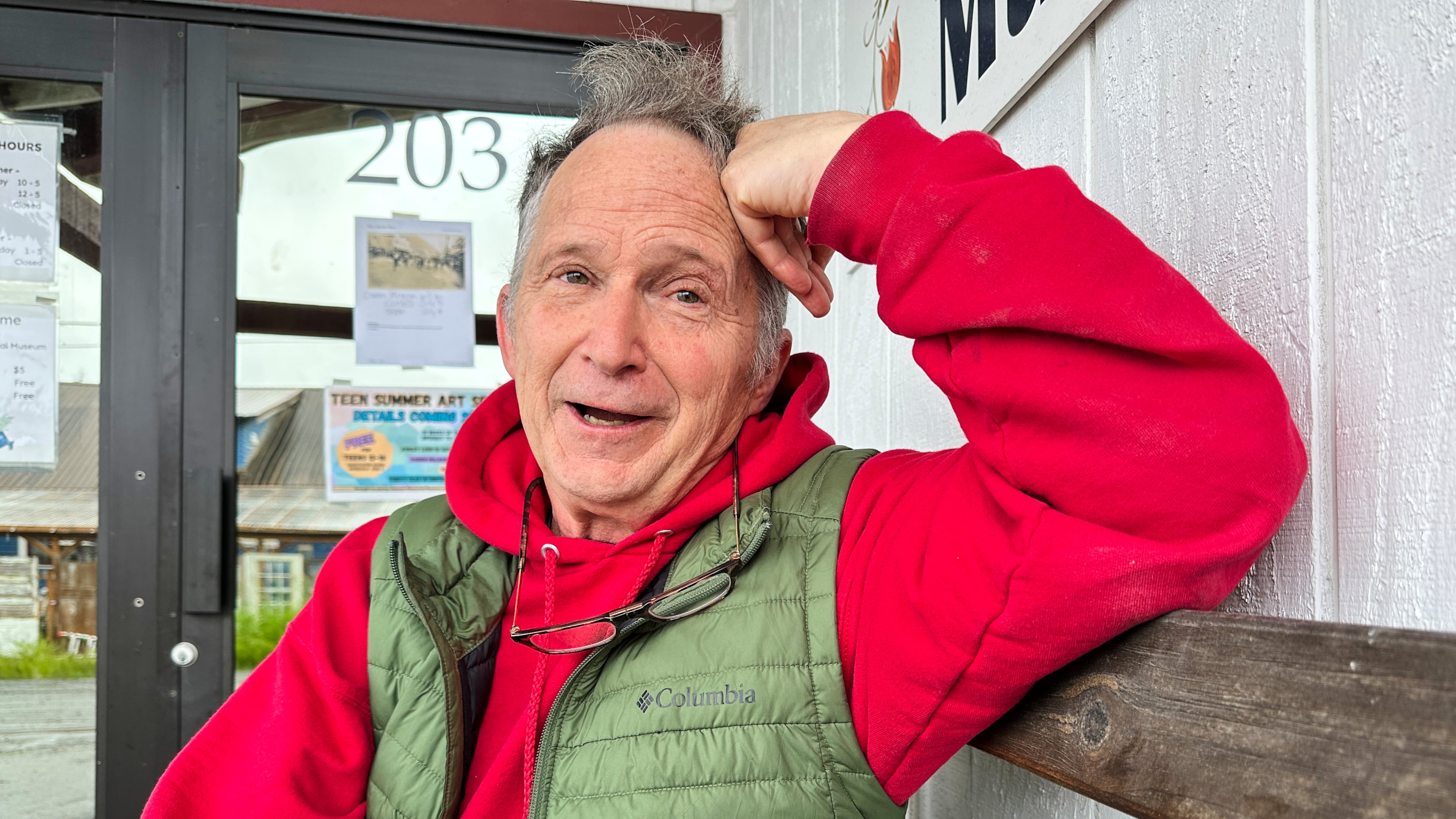FILE - Dan Sullivan, a candidate in Alaska's U.S. Senate race who shares his name with the incumbent seeking reelection, talks with a reporter, July 3, 2026, in Petersburg, Alaska. (AP Photo/Becky Bohrer, File)