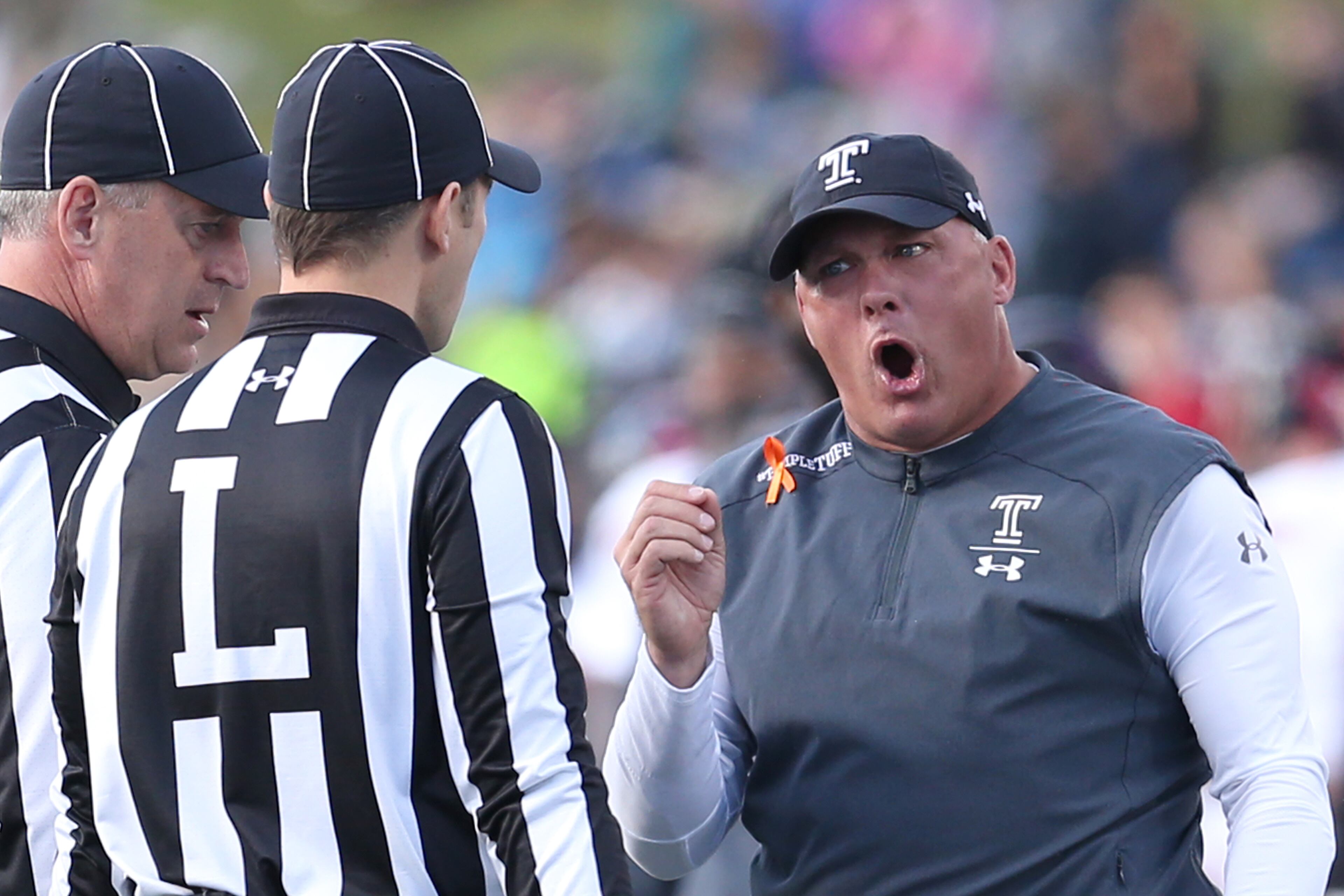 ANNAPOLIS, MD - OCTOBER 13: Head coach Geoff Collins of the Temple Owls disagrees with referees during the first half against the Navy Midshipmen at Navy-Marines Memorial Stadium on October 13, 2018 in Annapolis, Maryland. (Photo by Will Newton/Getty Images)