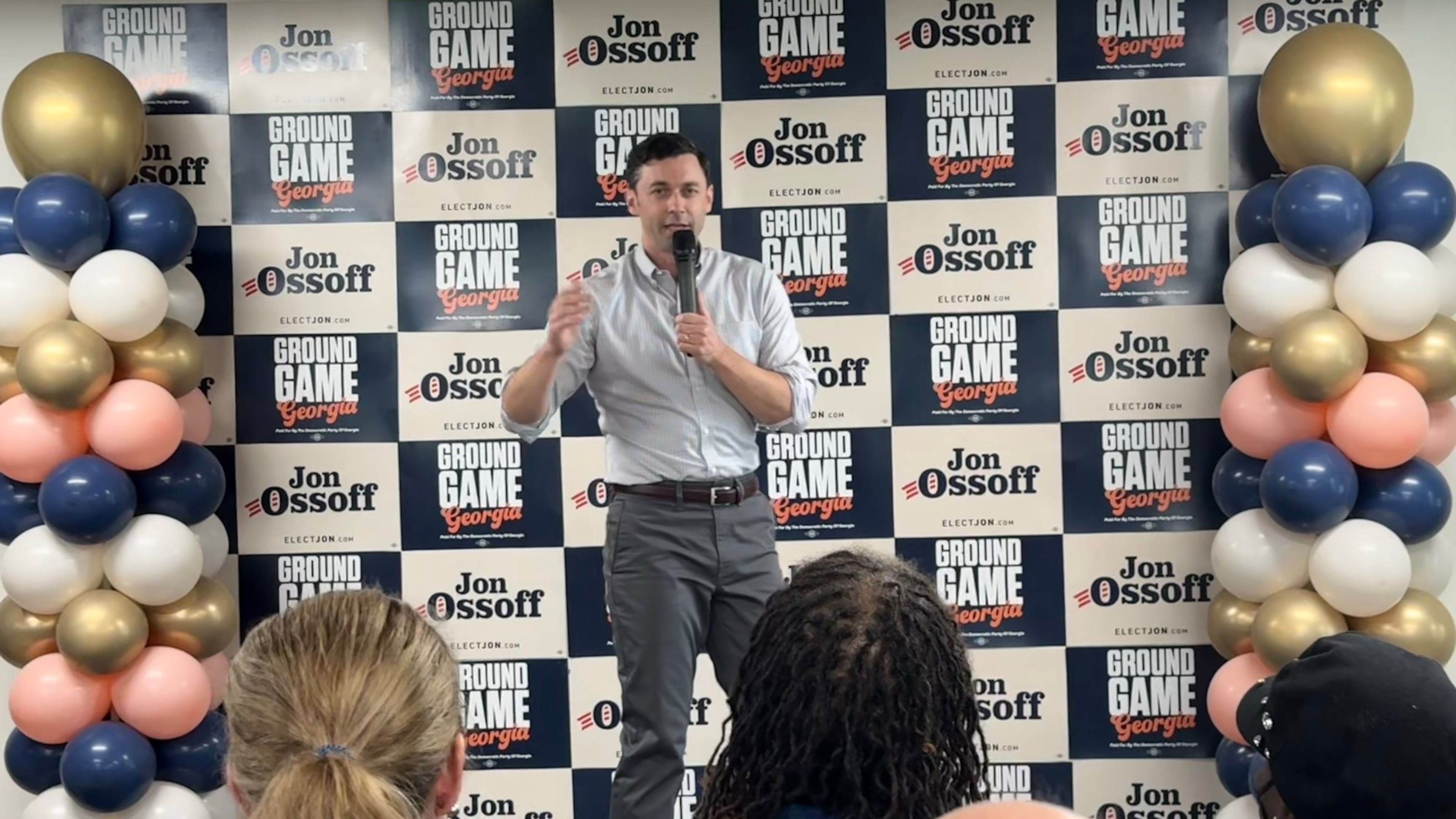 U.S. Sen. Jon Ossoff campaigns in south DeKalb County on Saturday, May 23, 2026. Ossoff said he believes he can win reelection by running against President Donald Trump's policies and showing unity with Georgia's Democratic candidate for governor, Keisha Lance Bottoms. (Greg Bluestein/AJC)