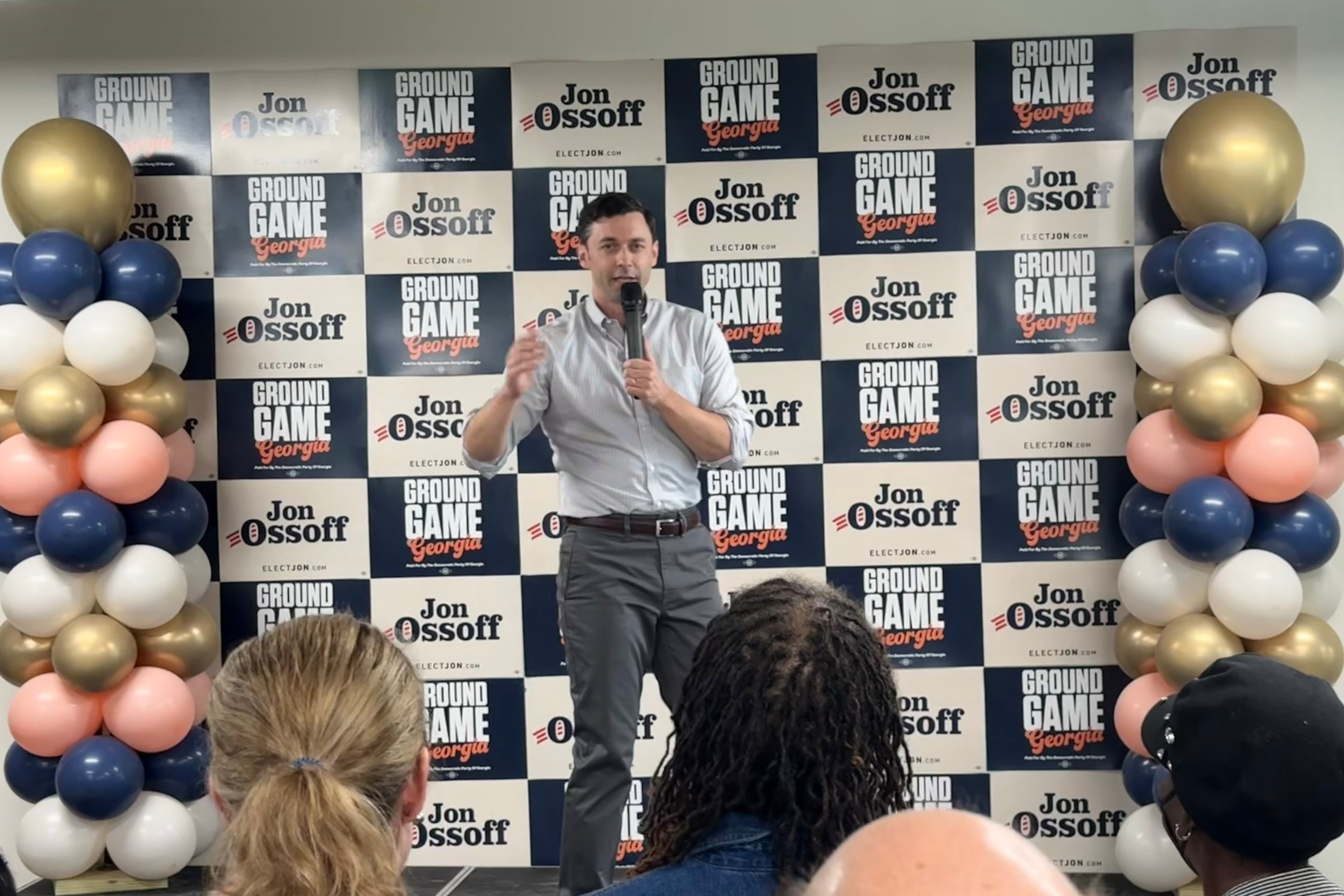 U.S. Sen. Jon Ossoff campaigns in south DeKalb County on Saturday, May 23, 2026. Ossoff said he believes he can win reelection by running against President Donald Trump's policies and showing unity with Georgia's Democratic candidate for governor, Keisha Lance Bottoms. (Greg Bluestein/AJC)