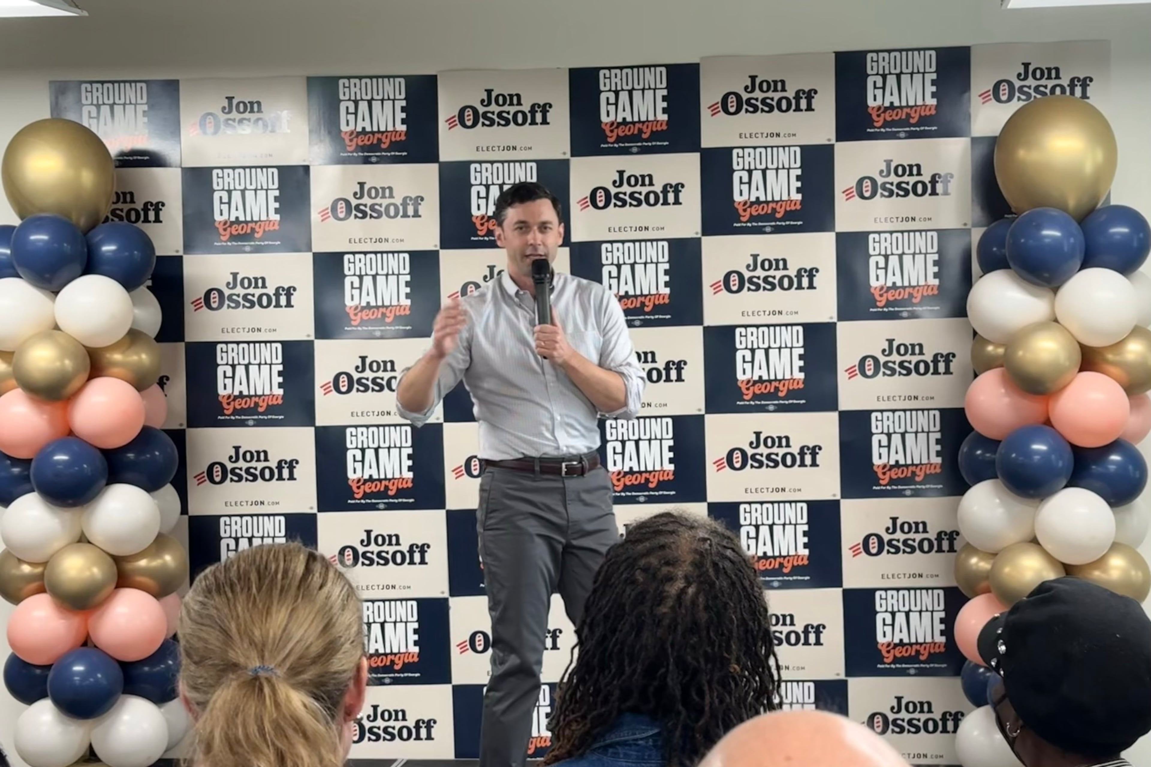 U.S. Sen. Jon Ossoff campaigns in south DeKalb County on Saturday, May 23, 2026. Ossoff said he believes he can win reelection by running against President Donald Trump's policies and showing unity with Georgia's Democratic candidate for governor, Keisha Lance Bottoms. (Greg Bluestein/AJC)