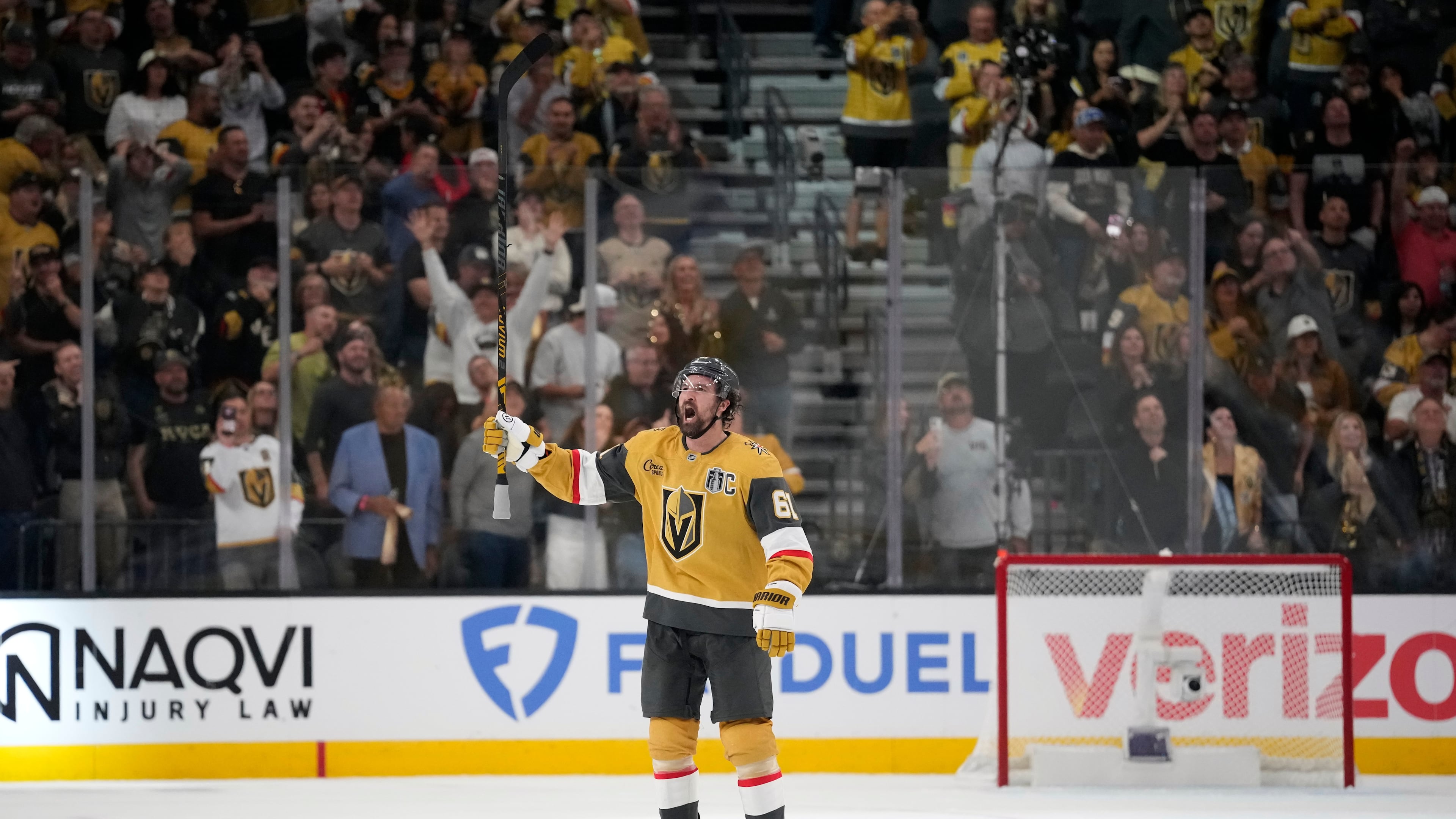 Vegas Golden Knights right wing Mark Stone celebrates after the Golden Knights won in the second overtime in Game 3 of the NHL hockey Stanley Cup Final series against the Carolina Hurricanes, Saturday, June 6, 2026, in Las Vegas. (AP Photo/John Locher)