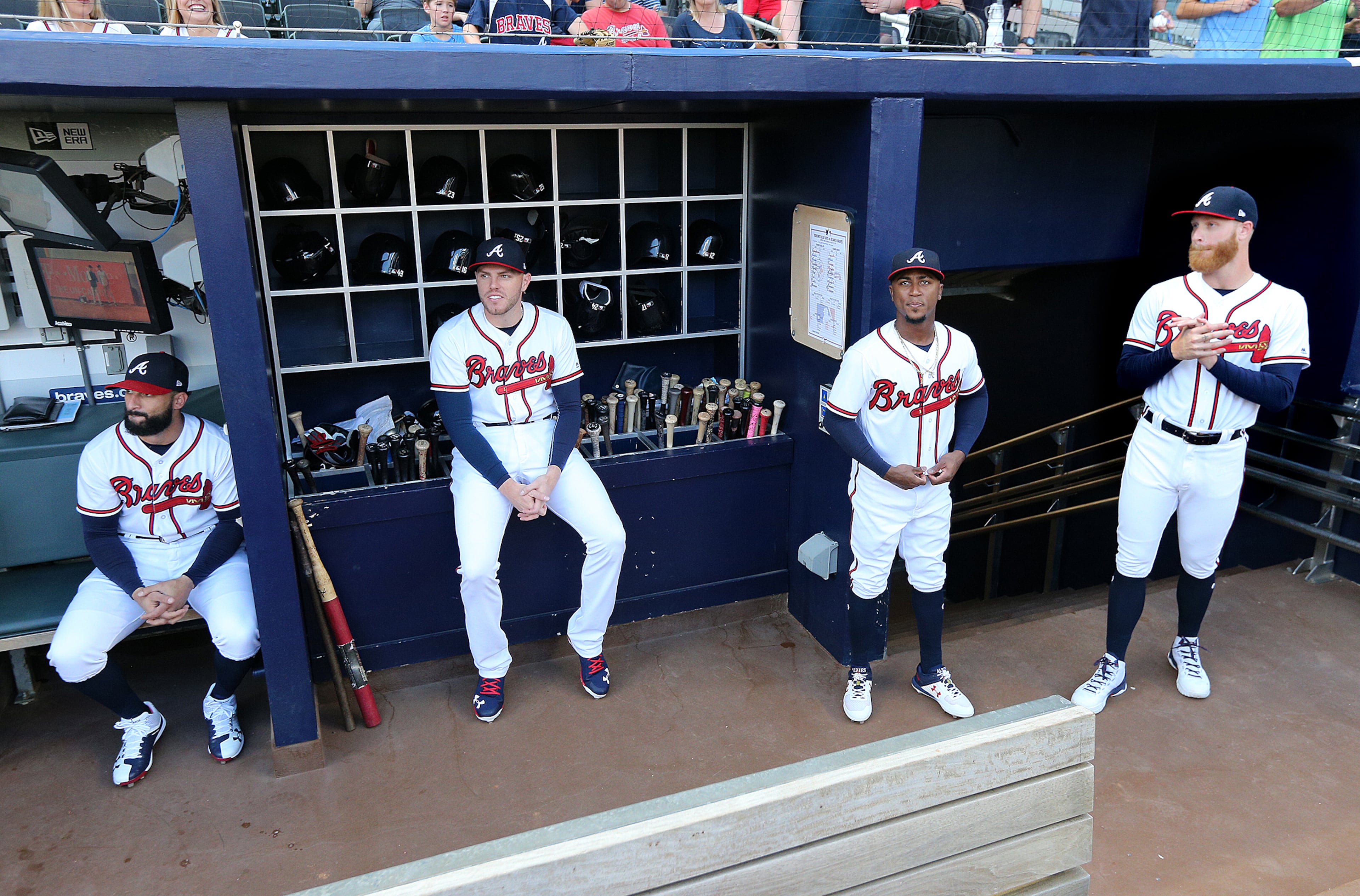 July 10, 2018 Atlanta: Atlanta Braves All-Stars Nick Markakis (from left), Freddie Freeman, Ozzie Albies, and Mike Foltynewicz prepare to take the field for their All-Star jersey presentation before playing the Blue Jays in a MLB baseball game on Tuesday, July 10, 2018, in Atlanta. Curtis Compton/ccompton@ajc.com