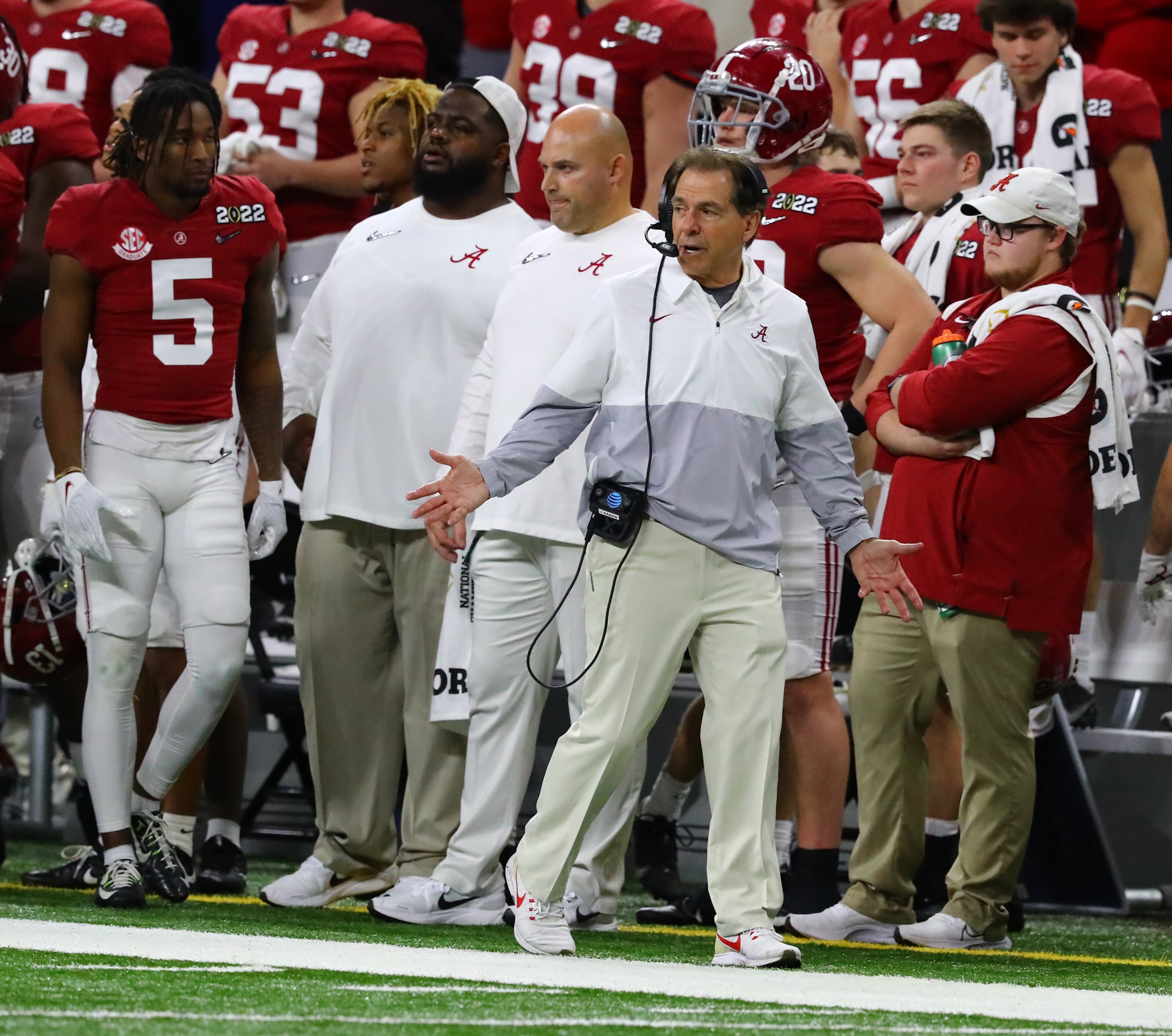 Alabama head coach Nick Saban reacts on the sidelines during the fourth quarter as Georgia drives for a touchdown to take control of the game in the College Football Playoff Championship game on Monday, Jan. 10, 2022, in Indianapolis. (Curtis Compton/The Atlanta Journal-Constitution/TNS)