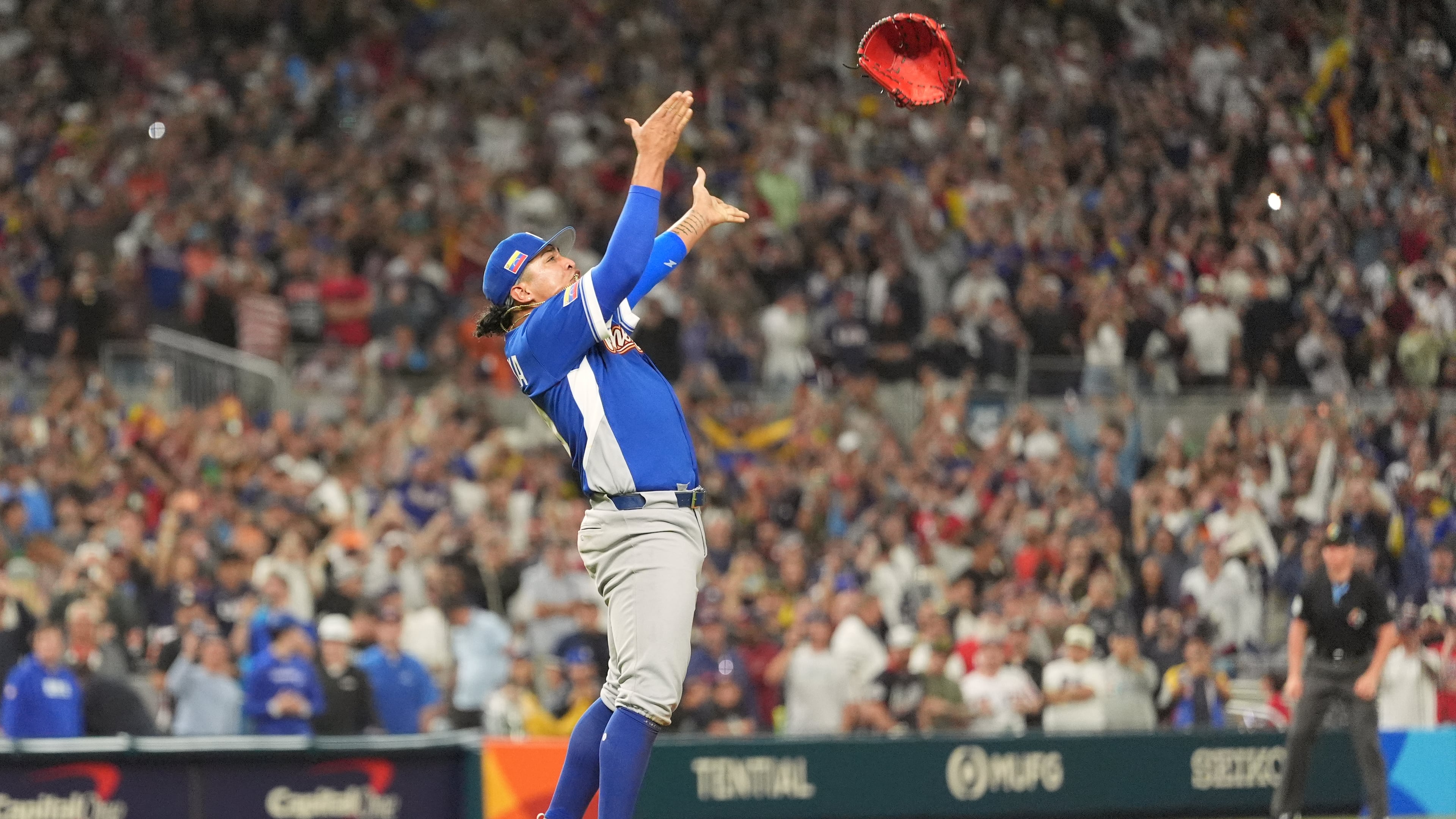 Venezuela pitcher Daniel Palencia celebrates after the team defeated the United States in the championship game of the World Baseball Classic, Tuesday, March 17, 2026, in Miami. (AP Photo/Rebecca Blackwell)