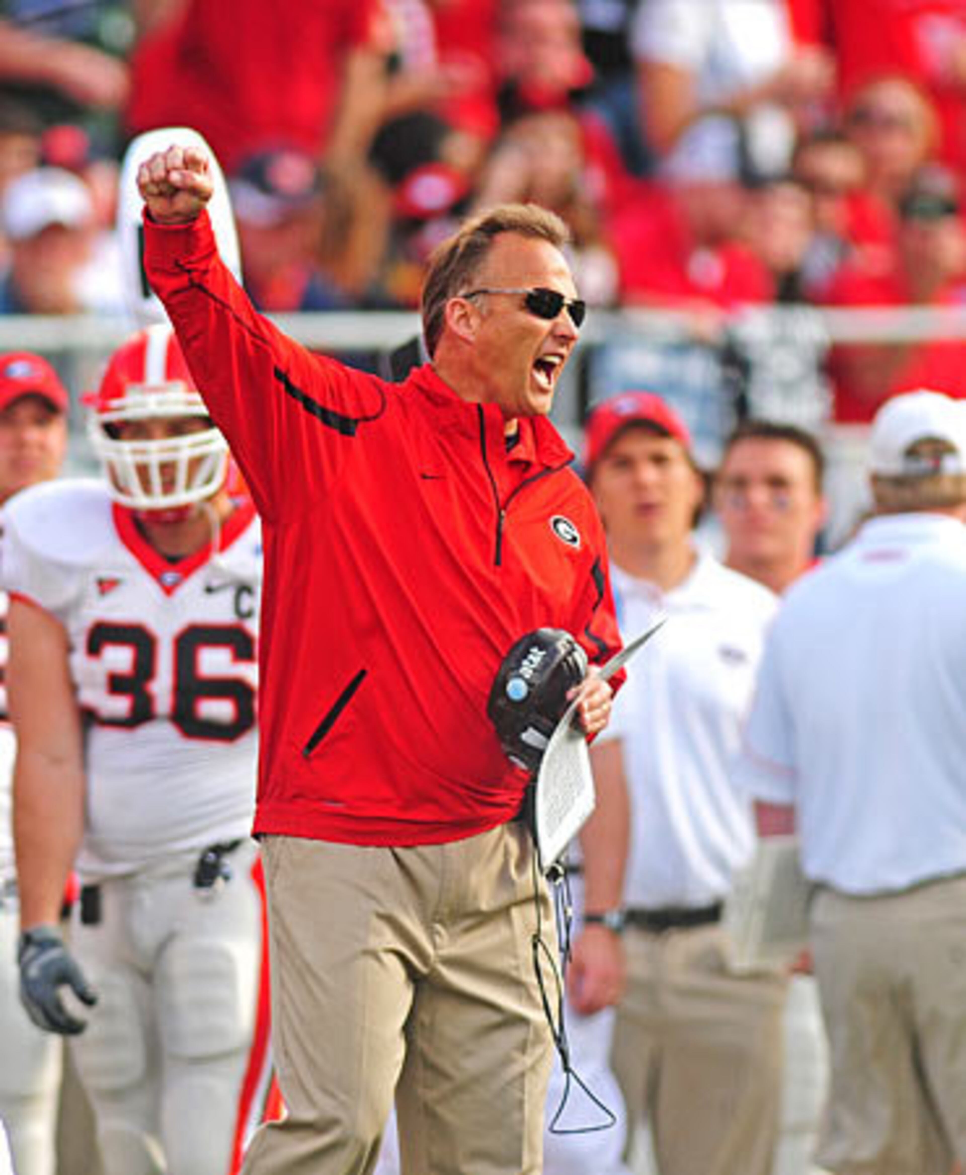 Georgia coach Mark Richt celebrates after a Matthew Stafford touchdown pass.