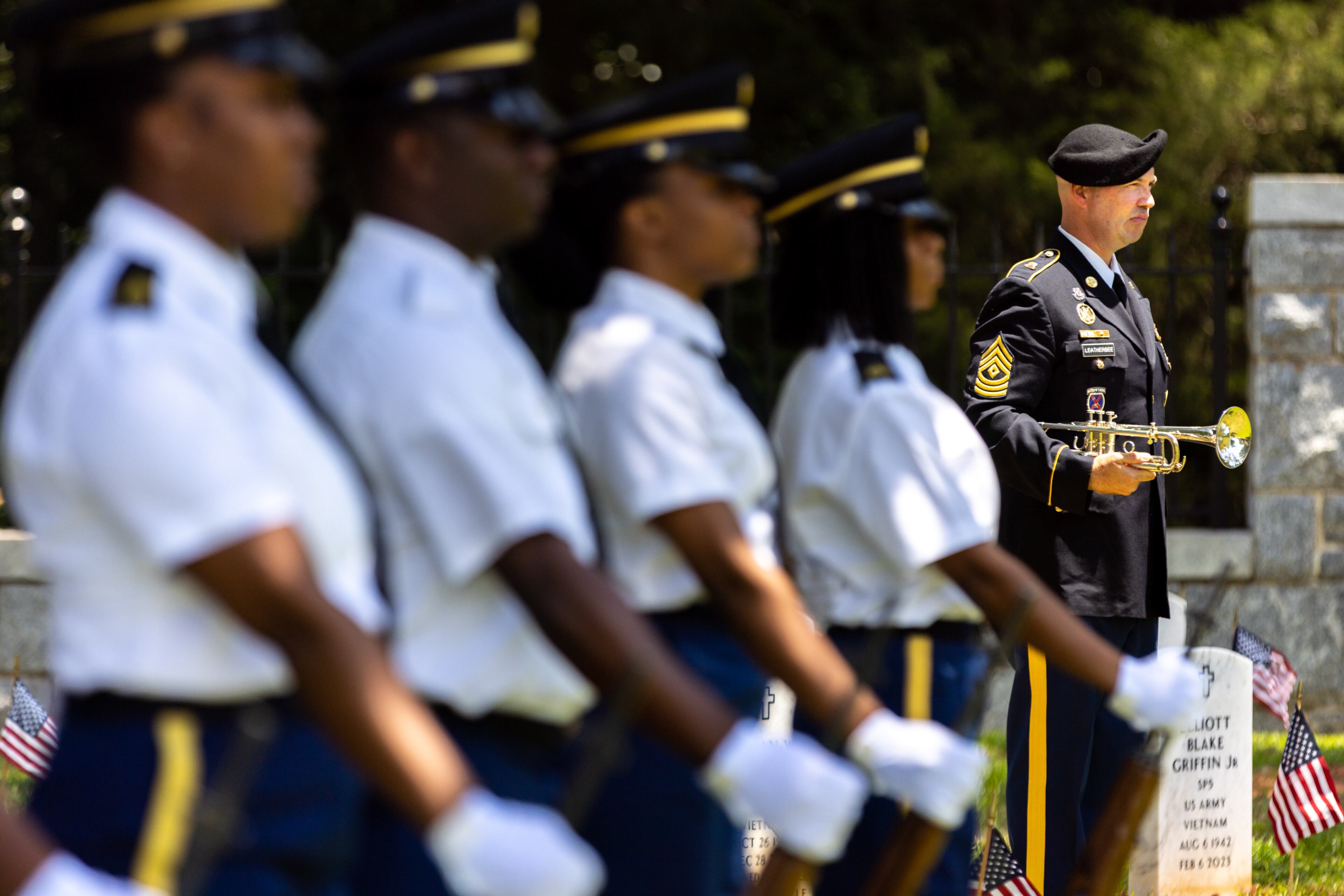 Army National Guard members practice before the service of Medal of Honor recipient Luther Story, who was reintered with military honors at Andersonville National Cemetery on Memorial Day, Monday, May 29, 2023. The Korean War hero was initially unidentified and buried as an unknown soldier at the National Memorial Cemetery of the Pacific in Honolulu. (Arvin Temkar / arvin.temkar@ajc.com)
