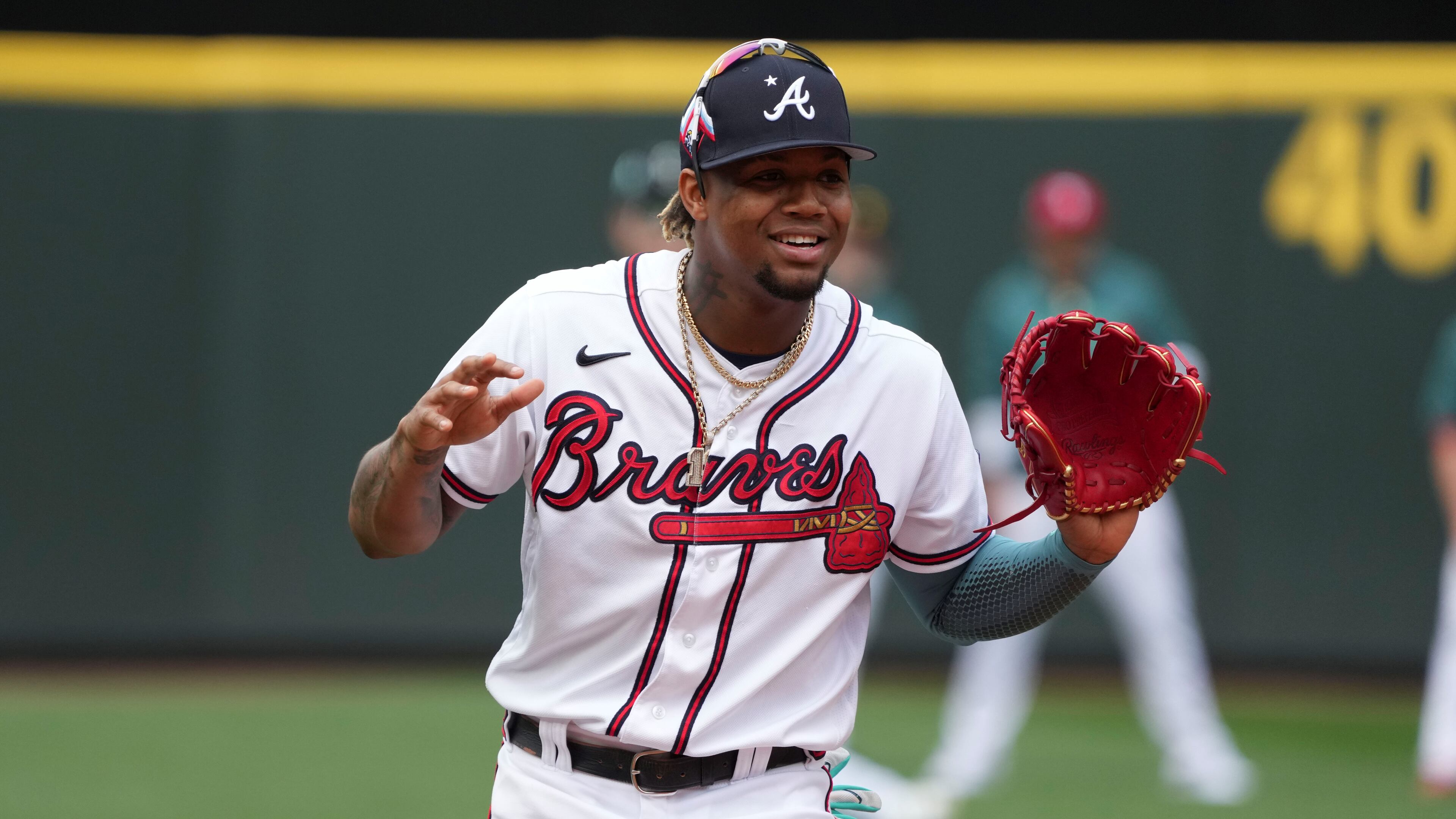 Ronald Acuna participates in a fielding drill during Monday's All-Star activities in Seattle. (AP photo/Ted Warren)