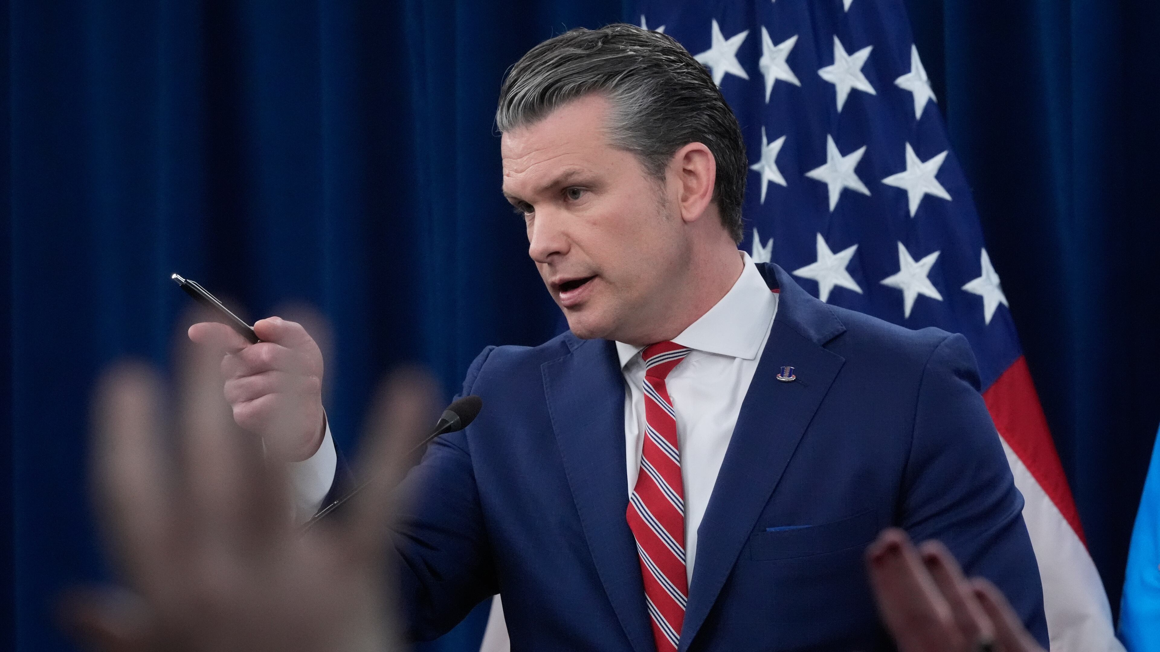 Defense Secretary Pete Hegseth speaks to members of the media during a press briefing at the Pentagon in Washington, Tuesday, May 5, 2026. (AP Photo/Manuel Balce Ceneta)