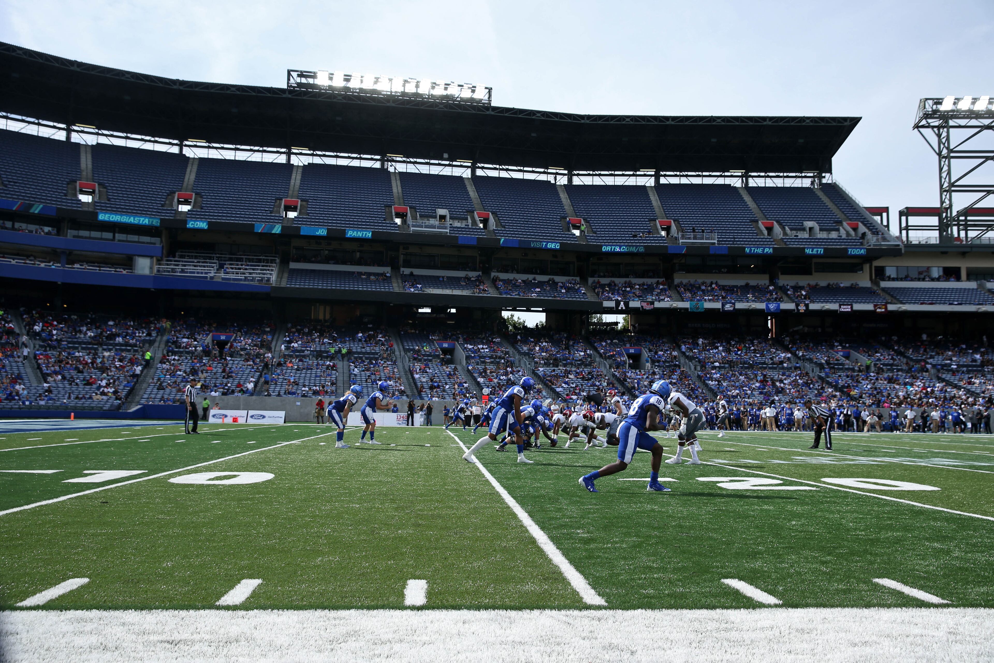 October 21, 2017 - Atlanta, Ga: The Georgia State Panthers offense runs a play in the second quarter of their game against the Troy Trojans at GSU Stadium Saturday, October 21, 2017, in Atlanta.. PHOTO / JASON GETZ