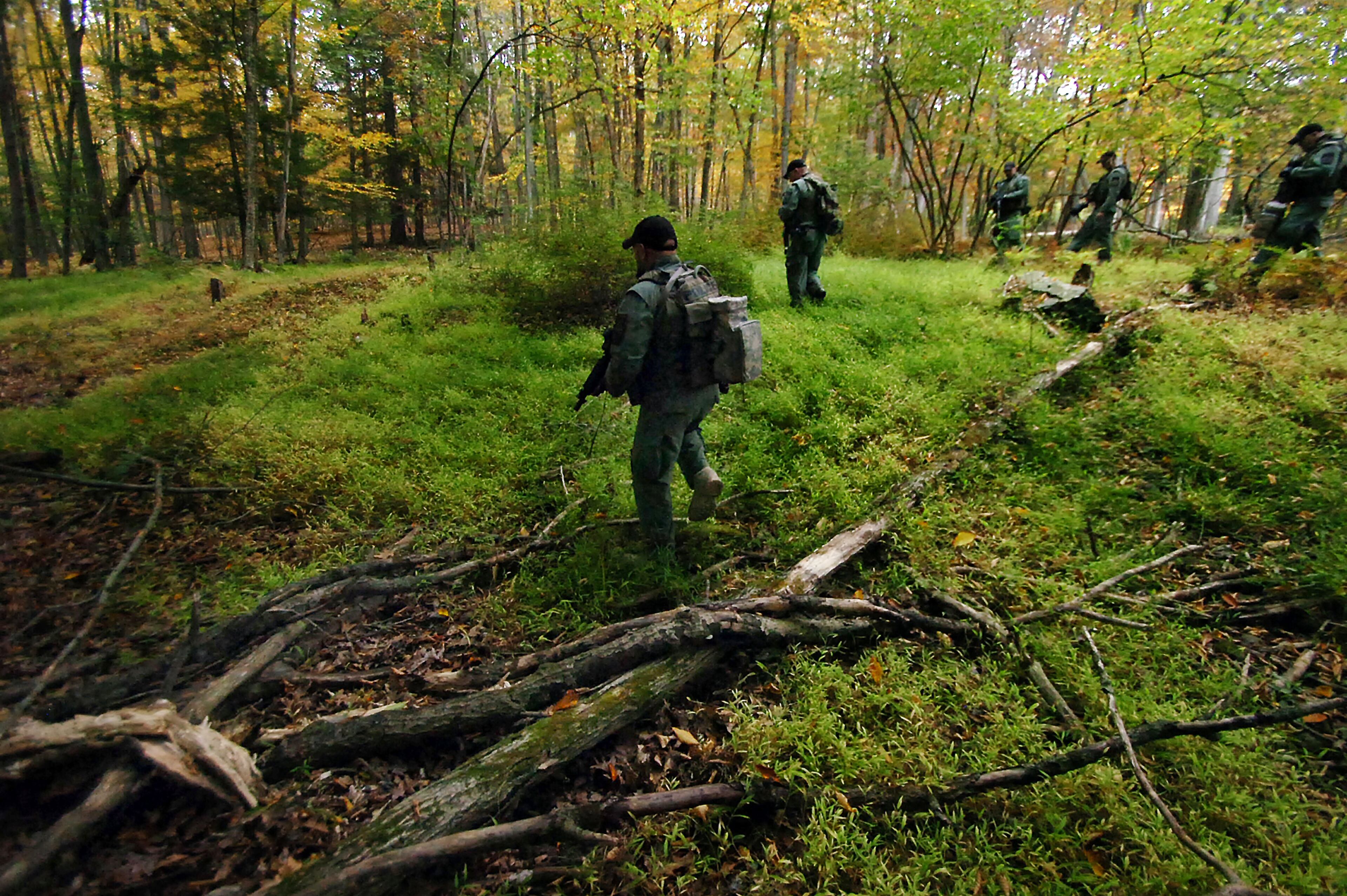 Members of the Scranton, Pa., Police Special Operations Group, search the woods, Thursday, Oct. 2, 2014, in Barrett Township near Canadensis, Pa., for suspected killer Eric Frein. A massive manhunt has been underway for 31-year-old Frein in the rugged terrain of the Pocono Mountains since Sept. 12. The self-taught survivalist is charged with killing Cpl. Bryon Dickson and seriously wounding Trooper Alex Douglass outside their barracks in Blooming Grove. (AP Photo/Scranton Times & Tribune, Butch Comegys) WILKES BARRE TIMES-LEADER OUT; MANDATORY CREDIT