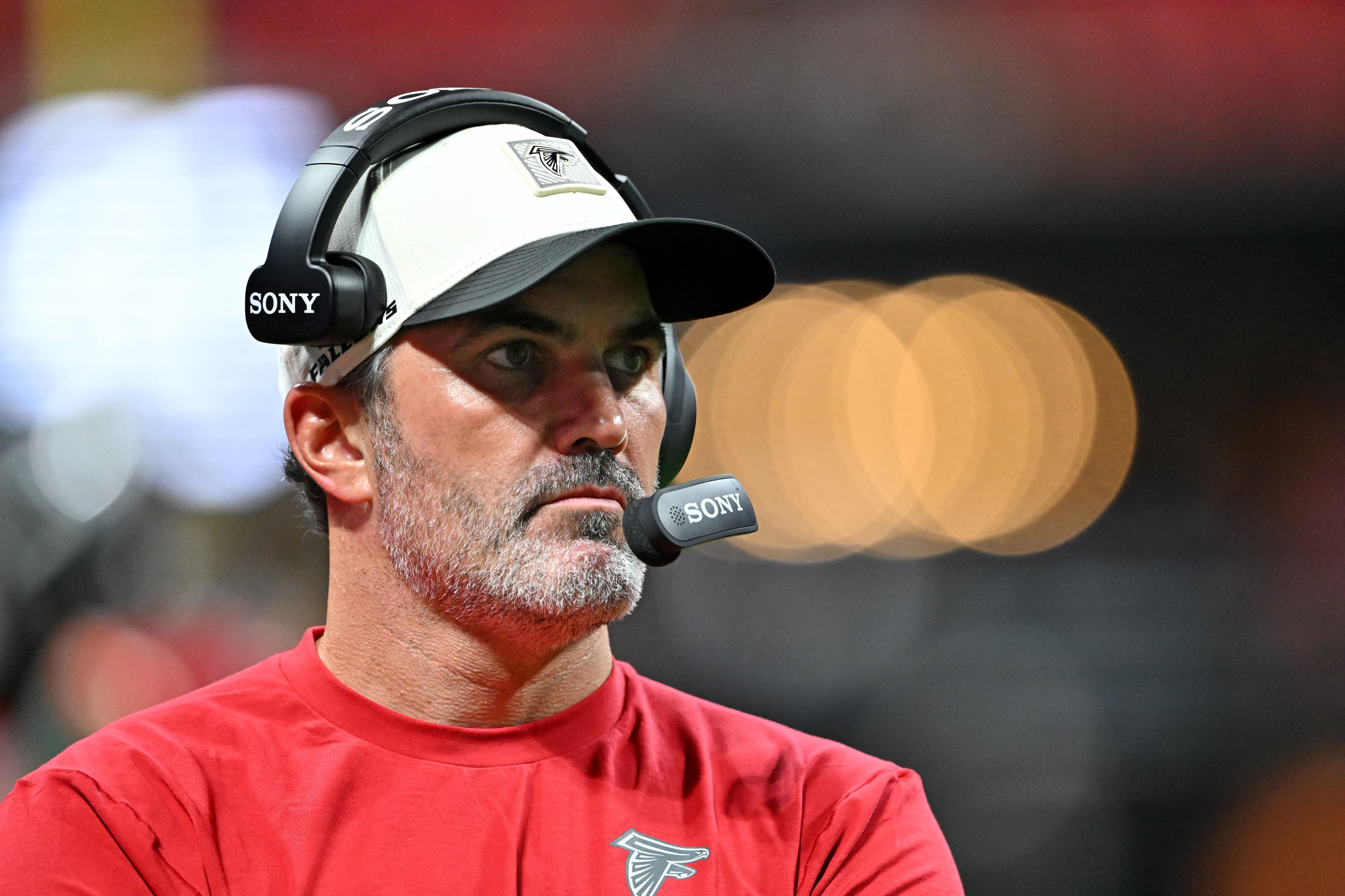 Falcons coach Kevin Stefanski watches from the sidelines as his team takes on the Denver Broncos during their preseason game at Mercedes-Benz Stadium on Friday, Aug. 14, 2026, in Atlanta. (Hyosub Shin/AJC)