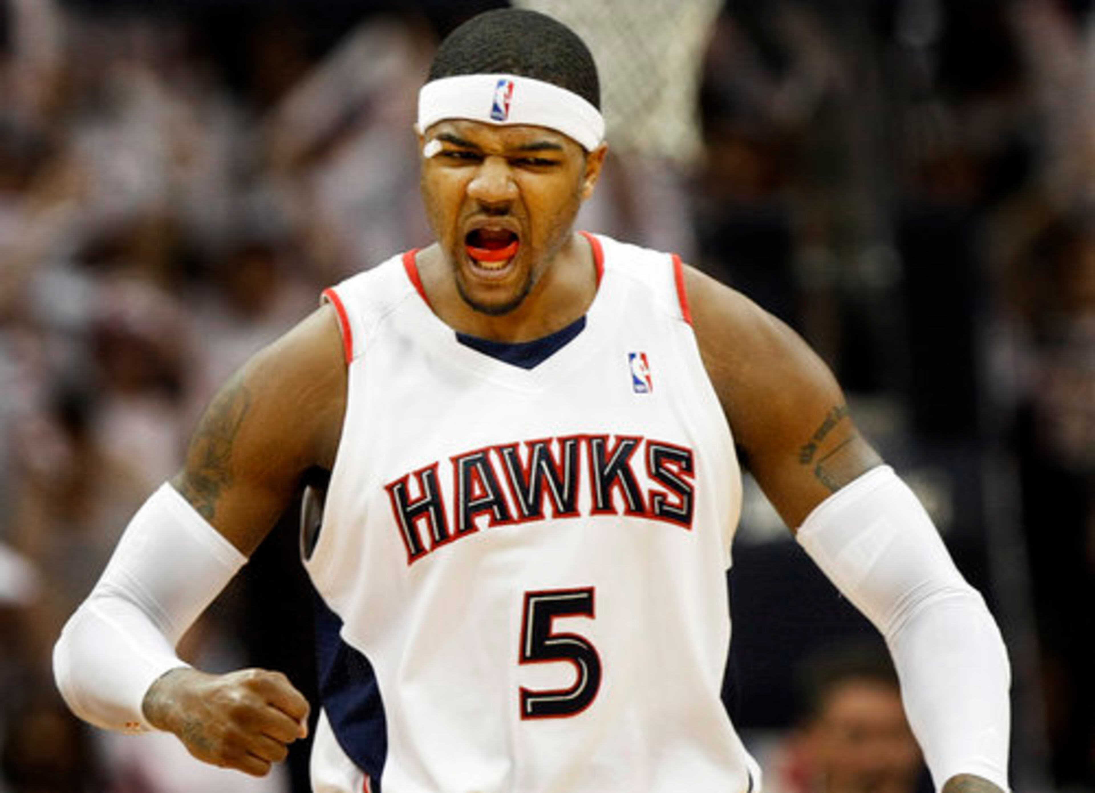Atlanta Hawks forward # 5 Josh Smith reacts to making a defensive stop against the Milwaukee Bucks during 1st half action in game no. 7 of the NBA Playoffs Eastern Conference First Round at Philips Arena in Atlanta on Sunday, May 2, 2010.