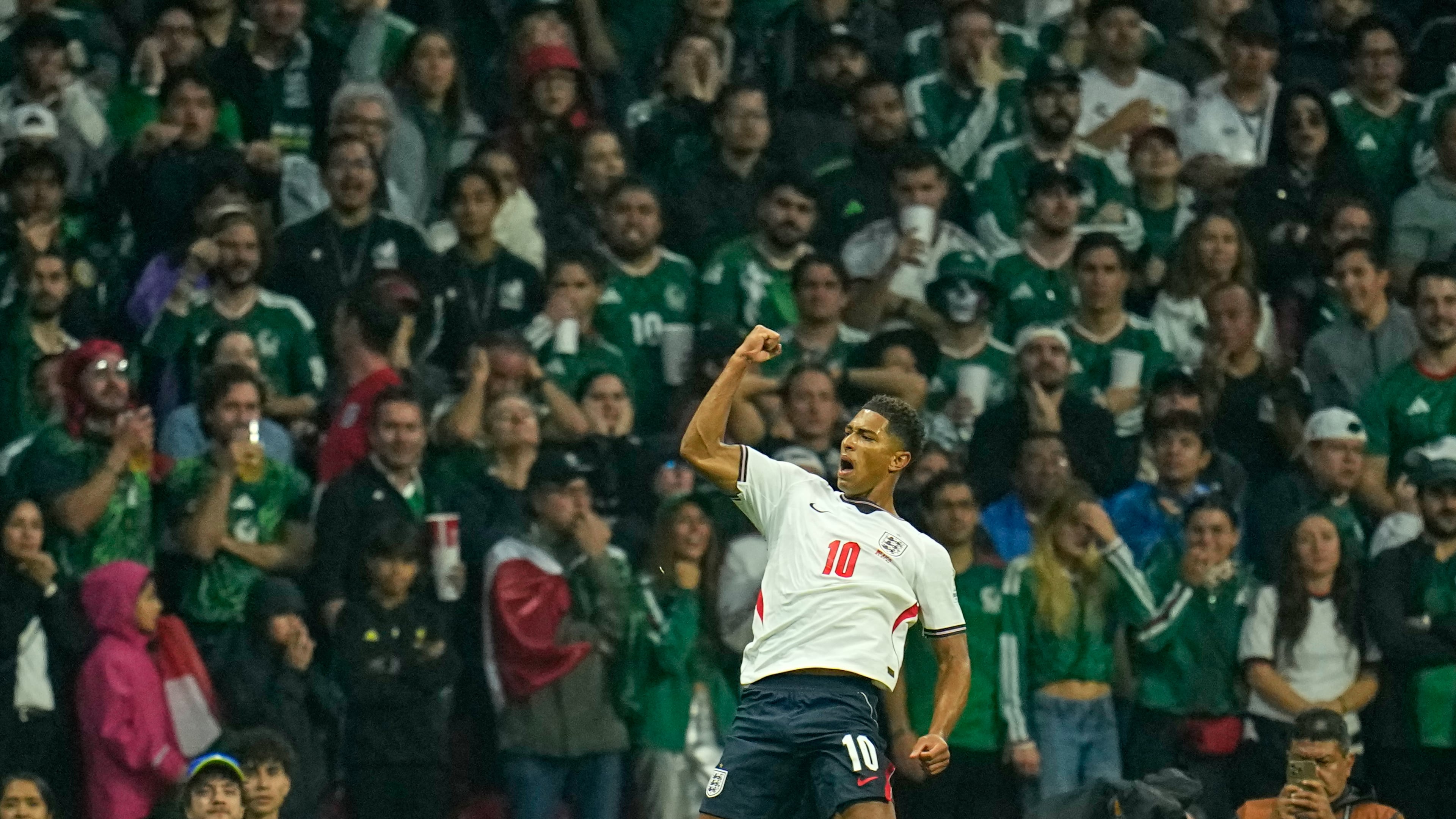 England's Jude Bellingham celebrates after scoring his side's opening goal during the World Cup round of 16 soccer match between Mexico and England in Mexico City on Sunday, July 5, 2026. (Ricardo Mazalan/AP)