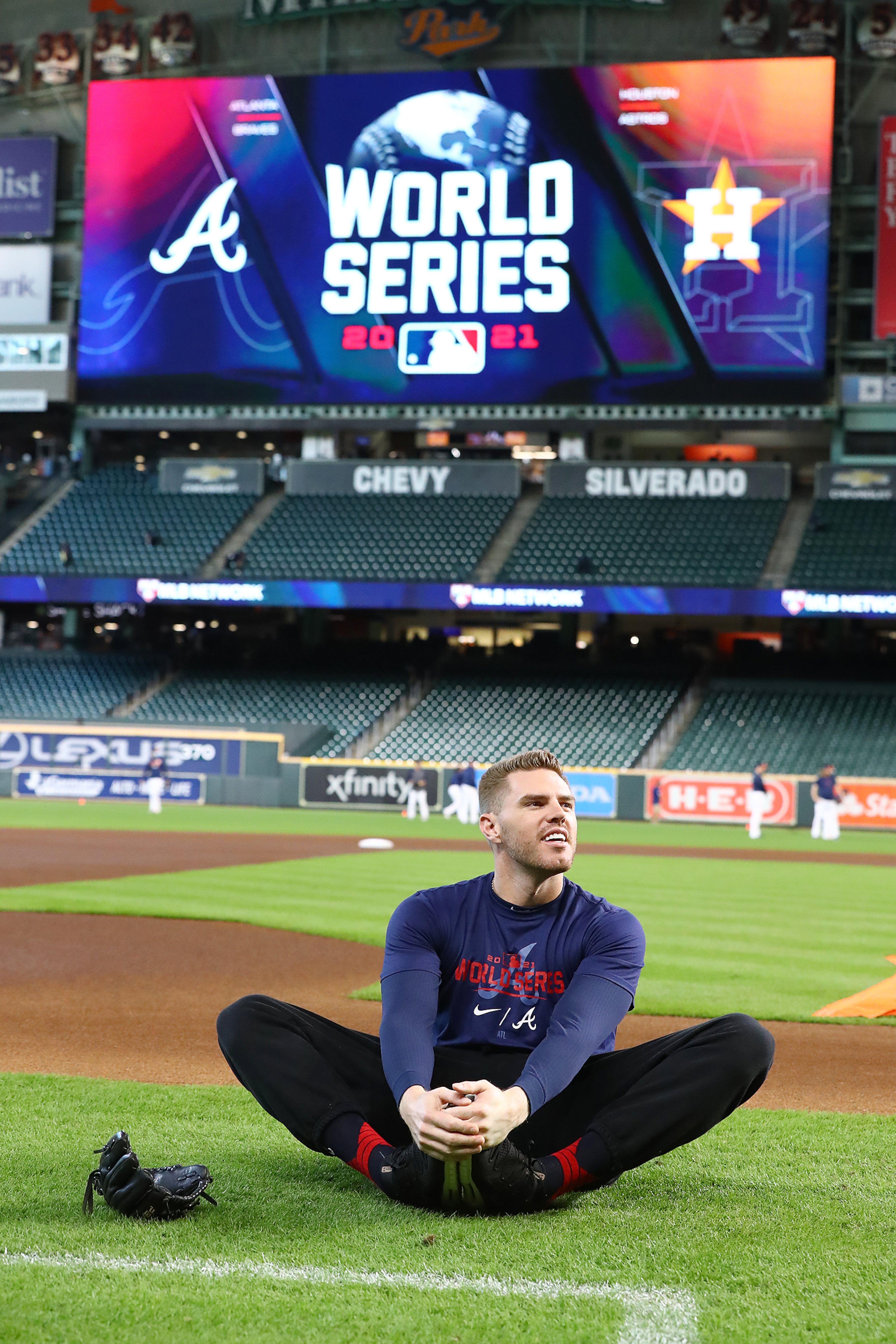 Braves first baseman Freddie Freeman loosens up on the field while getting ready to play the Astros in game 2 of the World Series on Wednesday, Oct. 27, 2021, in Houston. “Curtis Compton / Curtis.Compton@ajc.com”
