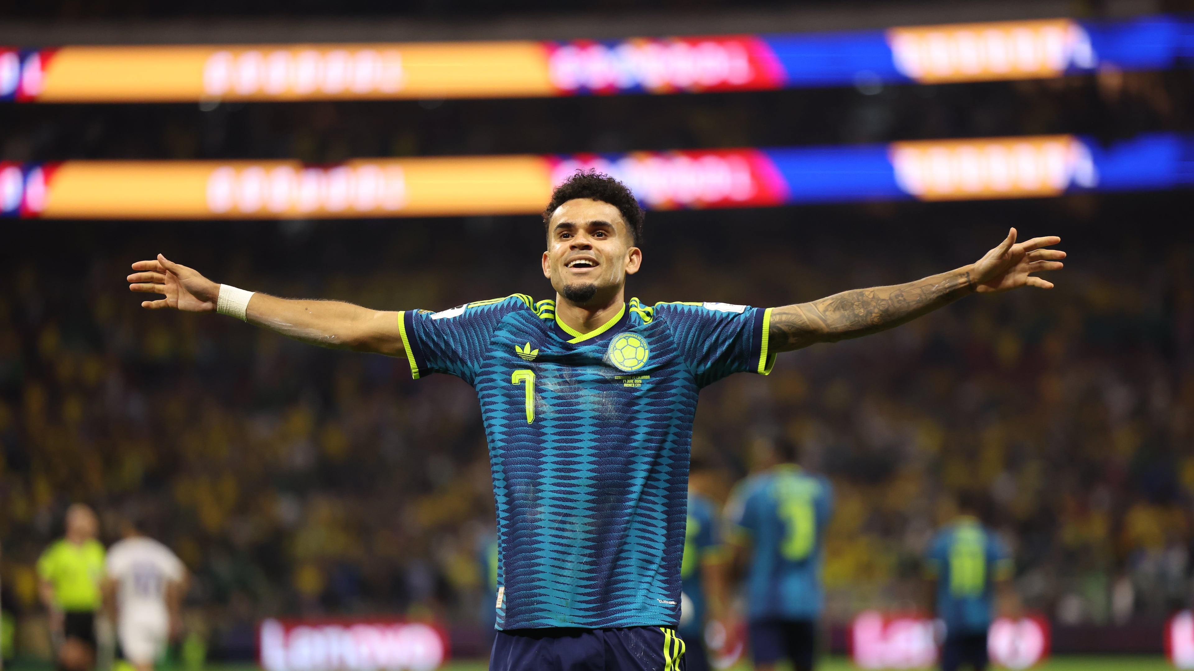Colombia's Luis Diaz (7) celebrates after scoring their second goal during the World Cup Group K soccer match between Uzbekistan and Colombia in Mexico City, Wednesday, June 17, 2026. (AP Photo/Ashtin Barker)