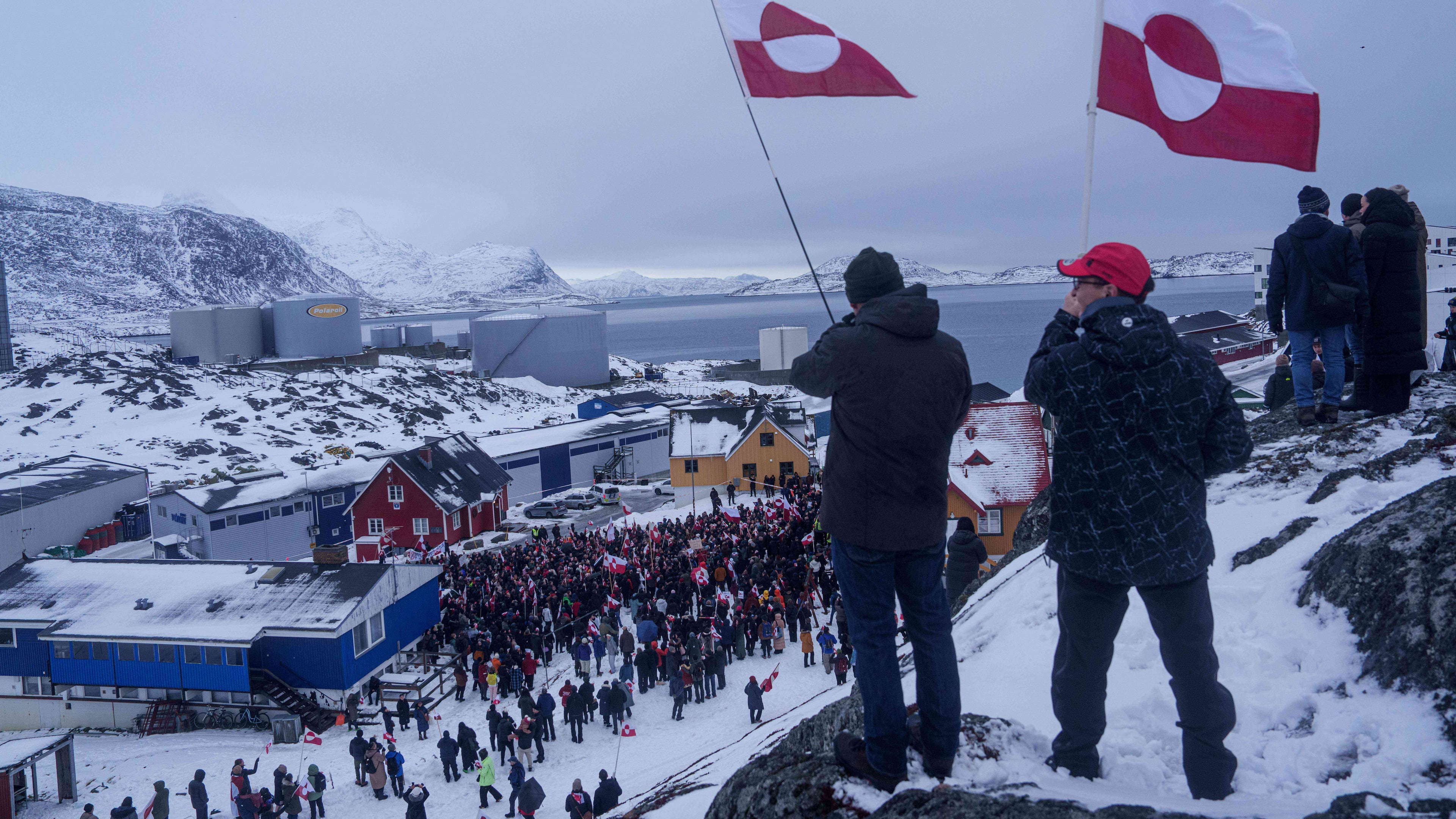 People protest against Trump's policy toward Greenland in front of the U.S. consulate in Nuuk, Greenland, Saturday, Jan. 17, 2026. (Evgeniy Maloletka/AP)