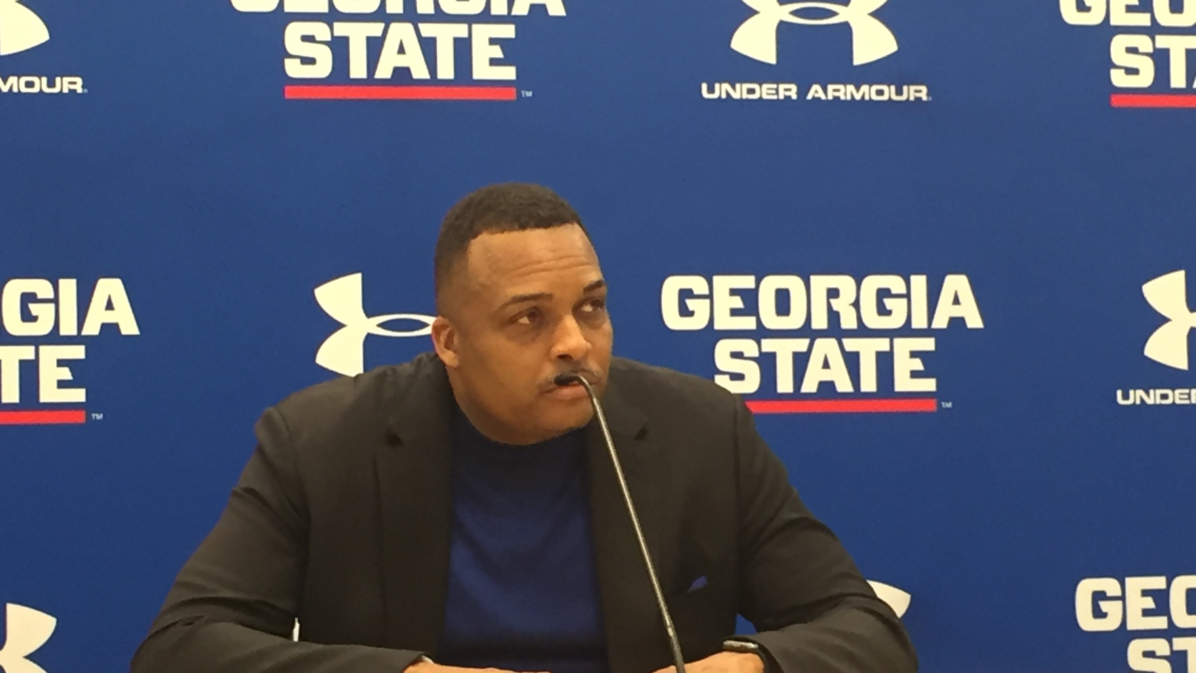 Georgia State coach Ron Hunter speaks with media after a 90-82 overtime loss to Louisiana-Monroe on Feb. 10 in Atlanta.