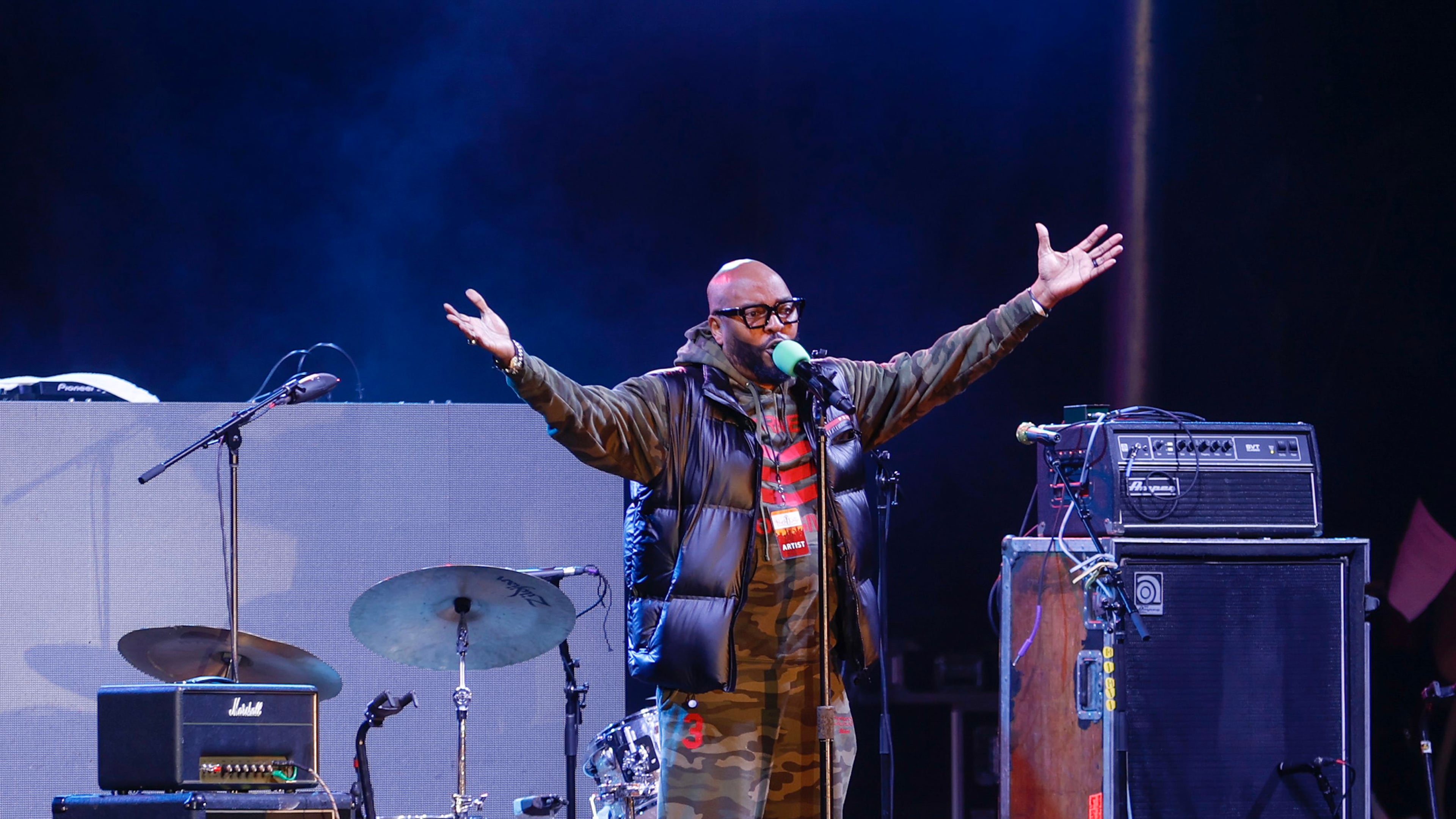 Ryan Cameron hosts the New Year's Eve Peach Drop celebration at Underground Atlanta on Dec. 31, 2022, in Atlanta. (Natrice Miller/The Atlanta Journal-Constitution/TNS)