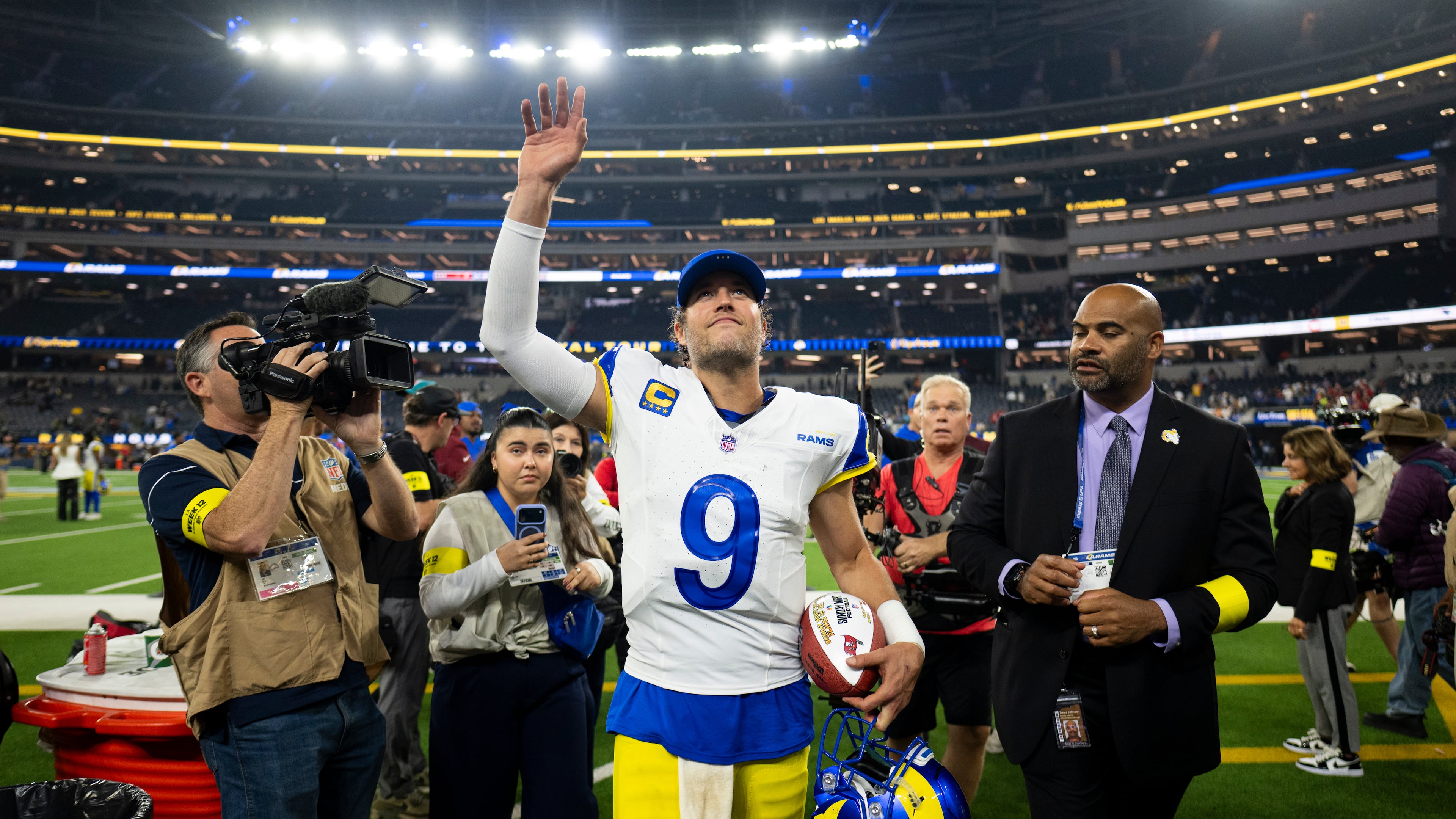 “There are still plays I want back and things we can be better on, but I’m enjoying playing with this group; it’s steady, week in and week out they show up to work,”Los Angeles Rams quarterback Matthew Stafford said. (Kyusung Gong/AP)