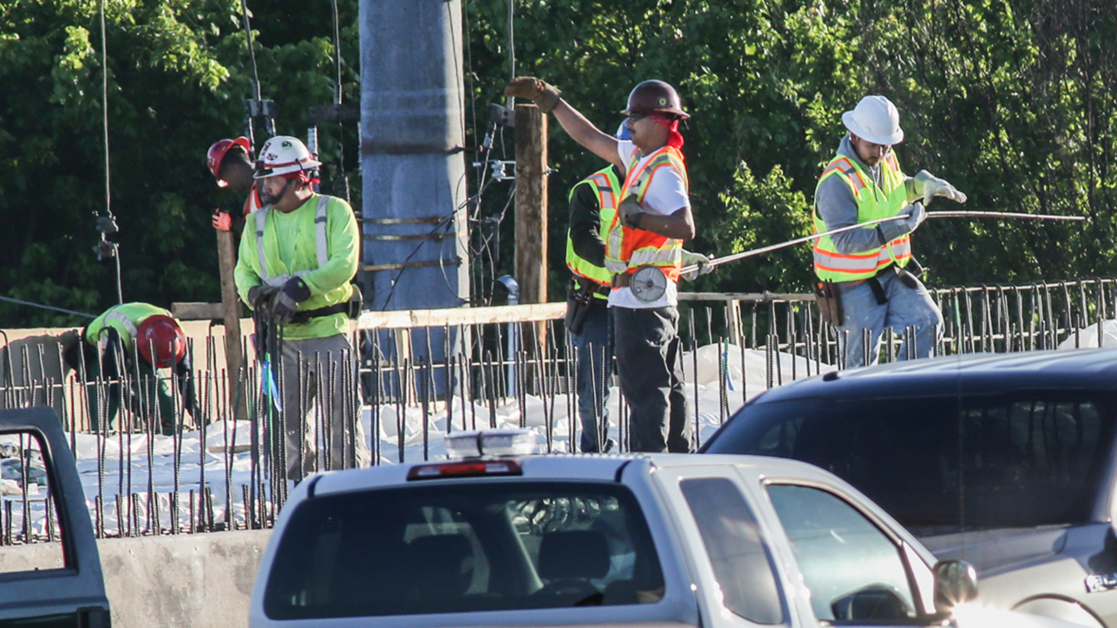 Construction crews hard at it Monday, May 8, 2017 getting the median wall between southbound and northbound I-85 ready for concrete.
