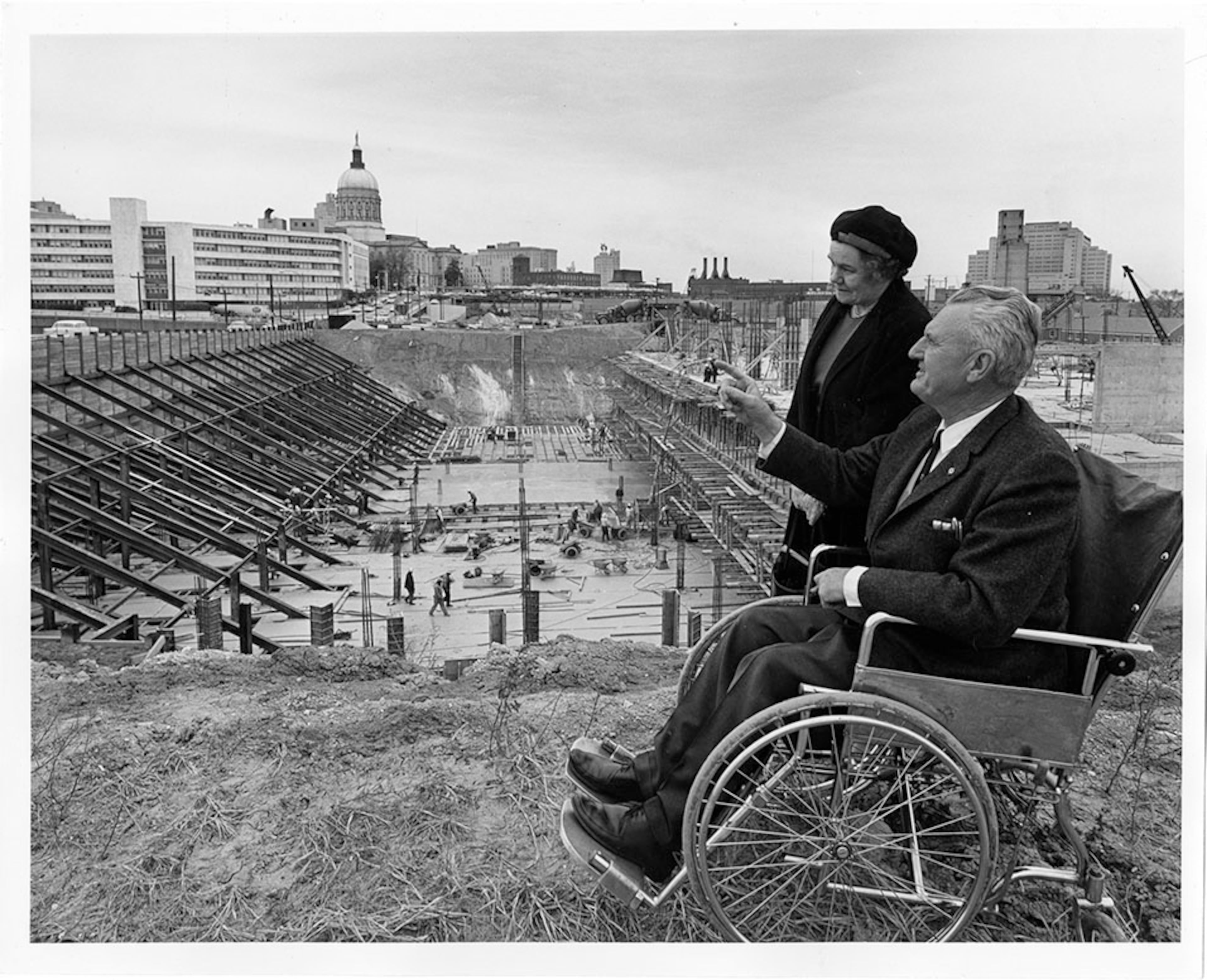 Mary Givens Bryan and then-Secretary of State Ben Fortson reviewing the construction of the Georgia Archives building, ca. 1963. This photo was originally published in the Atlanta Journal. GEORGIA ARCHIVES