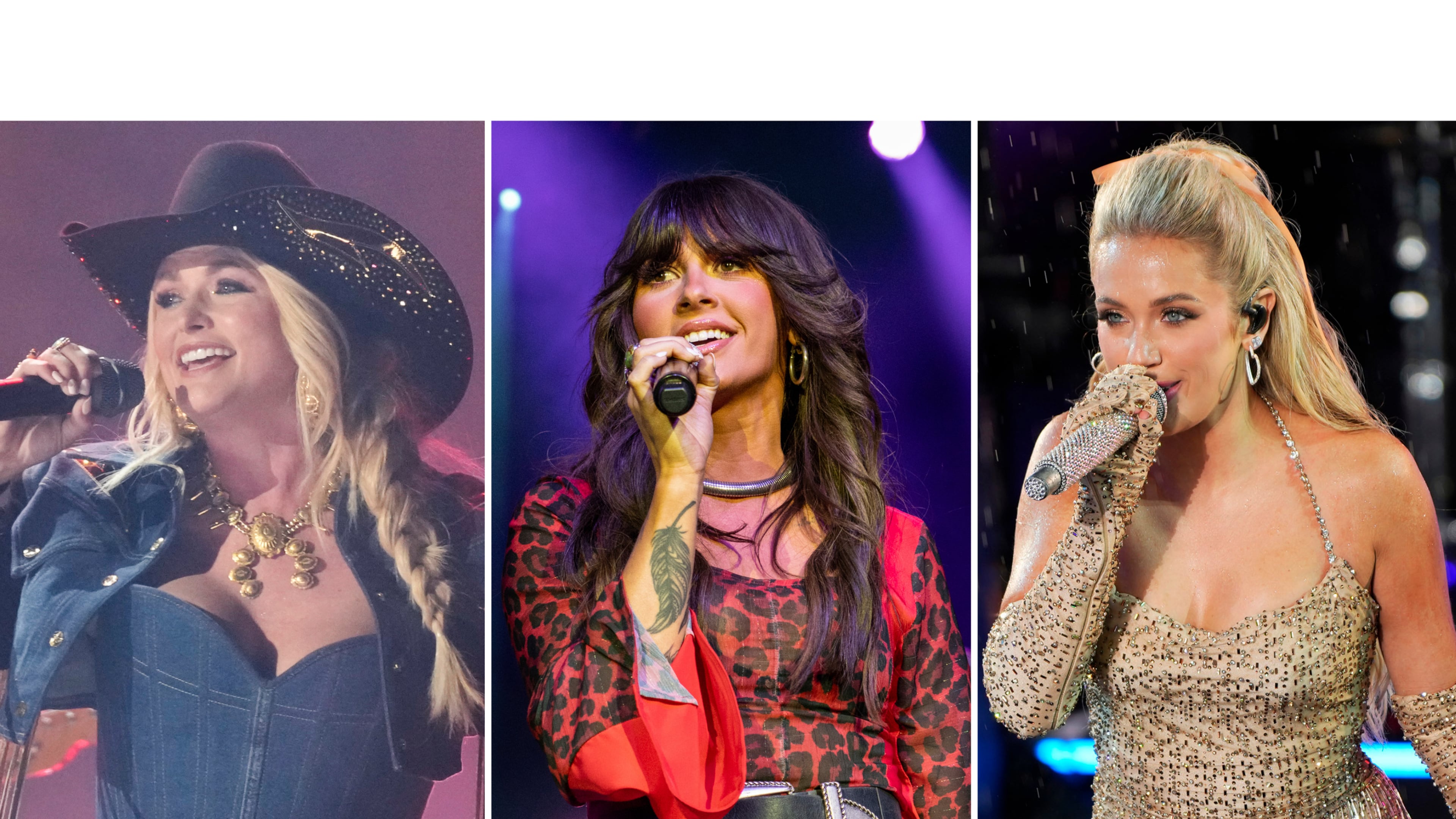 This combination of images shows Miranda Lambert, from left, Ella Langley, and Megan Moroney. (AP Photo)