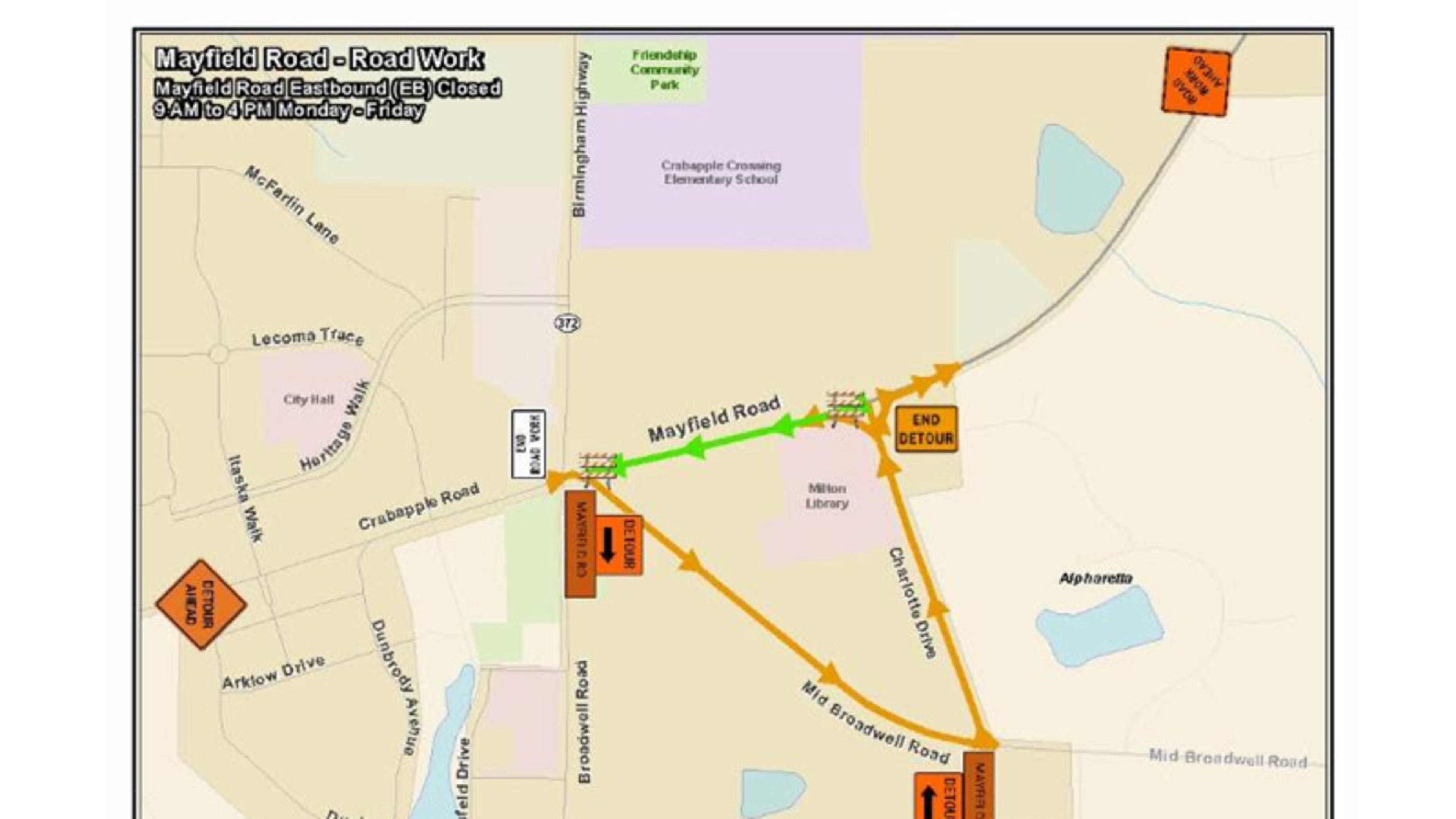 Eastbound motorists on Mayfield Road will have to take a detour in the Crabapple area of Milton, from 9 a.m. to 4 p.m. weekdays through early March, as crews install new sidewalks. CITY OF MILTON