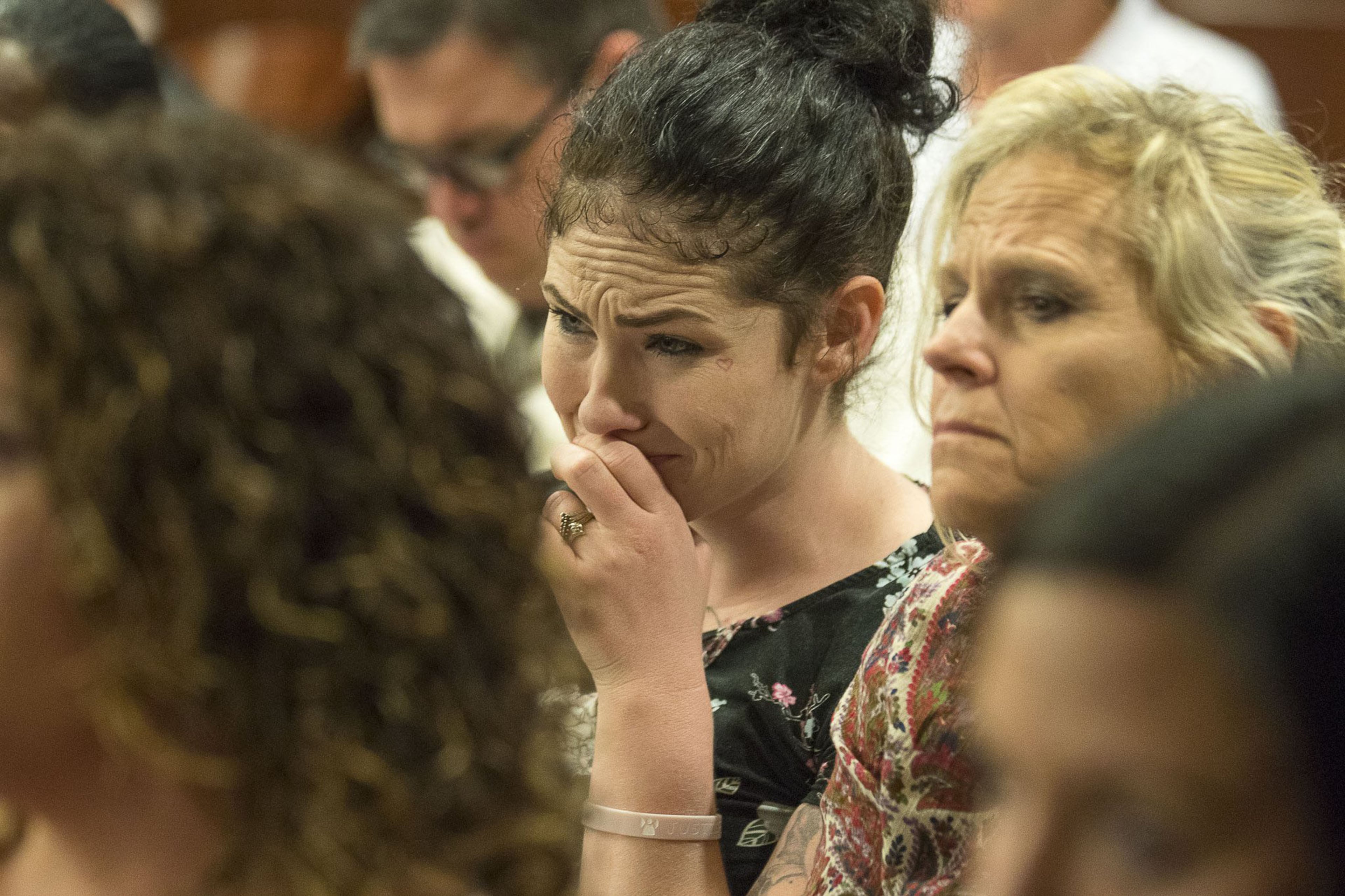 Tessa Daniel, mother of Laila Daniel, becomes emotional while sitting in the courtroom during closing arguments for the trial of Jennifer and Joseph Rosenbaum in front of Henry County Judge Brian Amero at Henry County Superior Court in McDonough on July 26, 2019. The Rosenbaums went on trial beginning July 8, accused of killing Laila while she was in their foster care. (Alyssa Pointer/alyssa.pointer@ajc.com)
