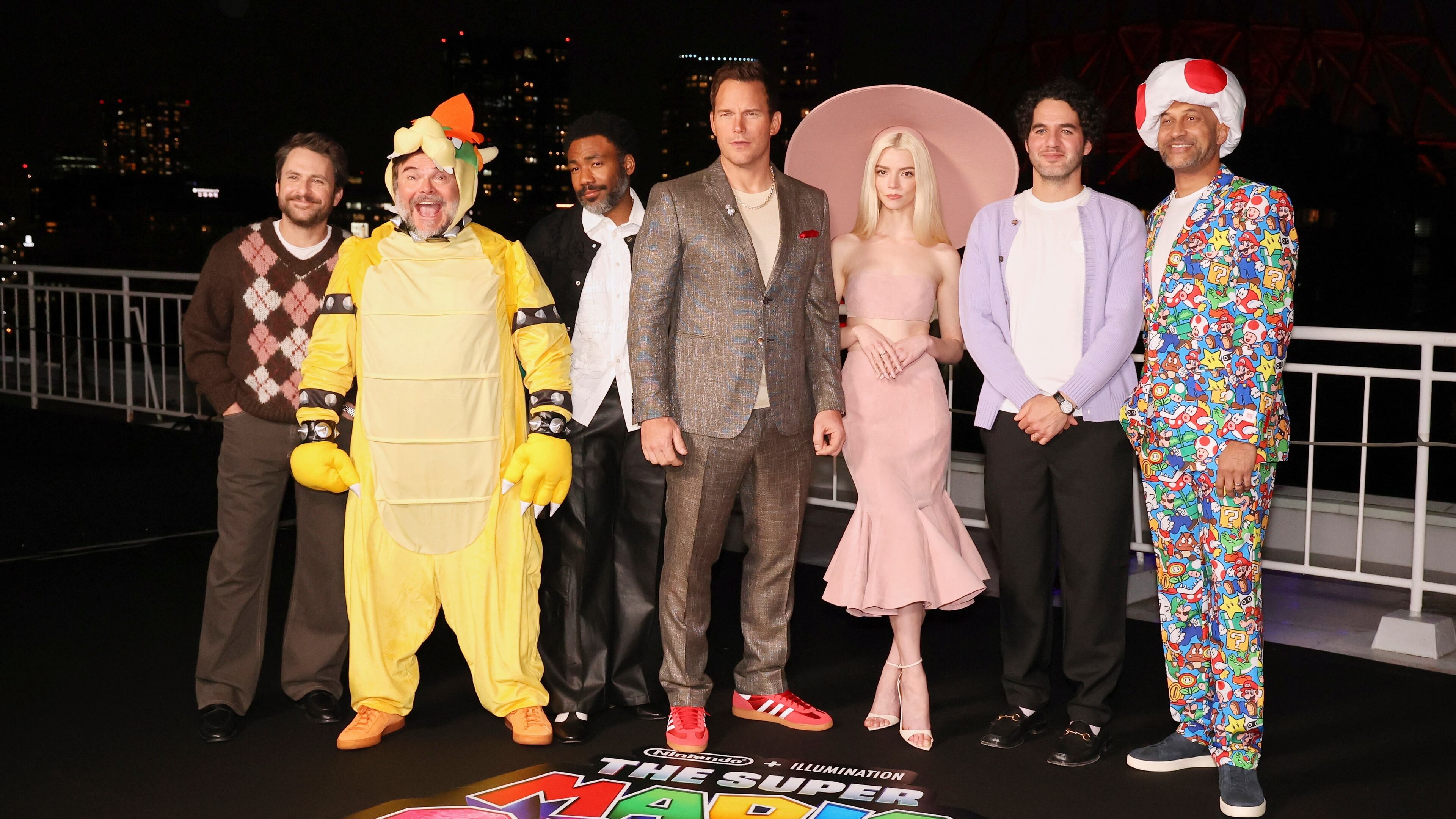 Charlie Day, from left, Jack Black, Donald Glover, Chris Pratt, Anya Taylor-Joy, Benny Safdie and Keegan Michael Key pose for photographers at the photo call for the film "The Super Mario Galaxy Movie" in Tokyo, Thursday, March 26, 2026. (AP Photo/Rodrigo Reyes)