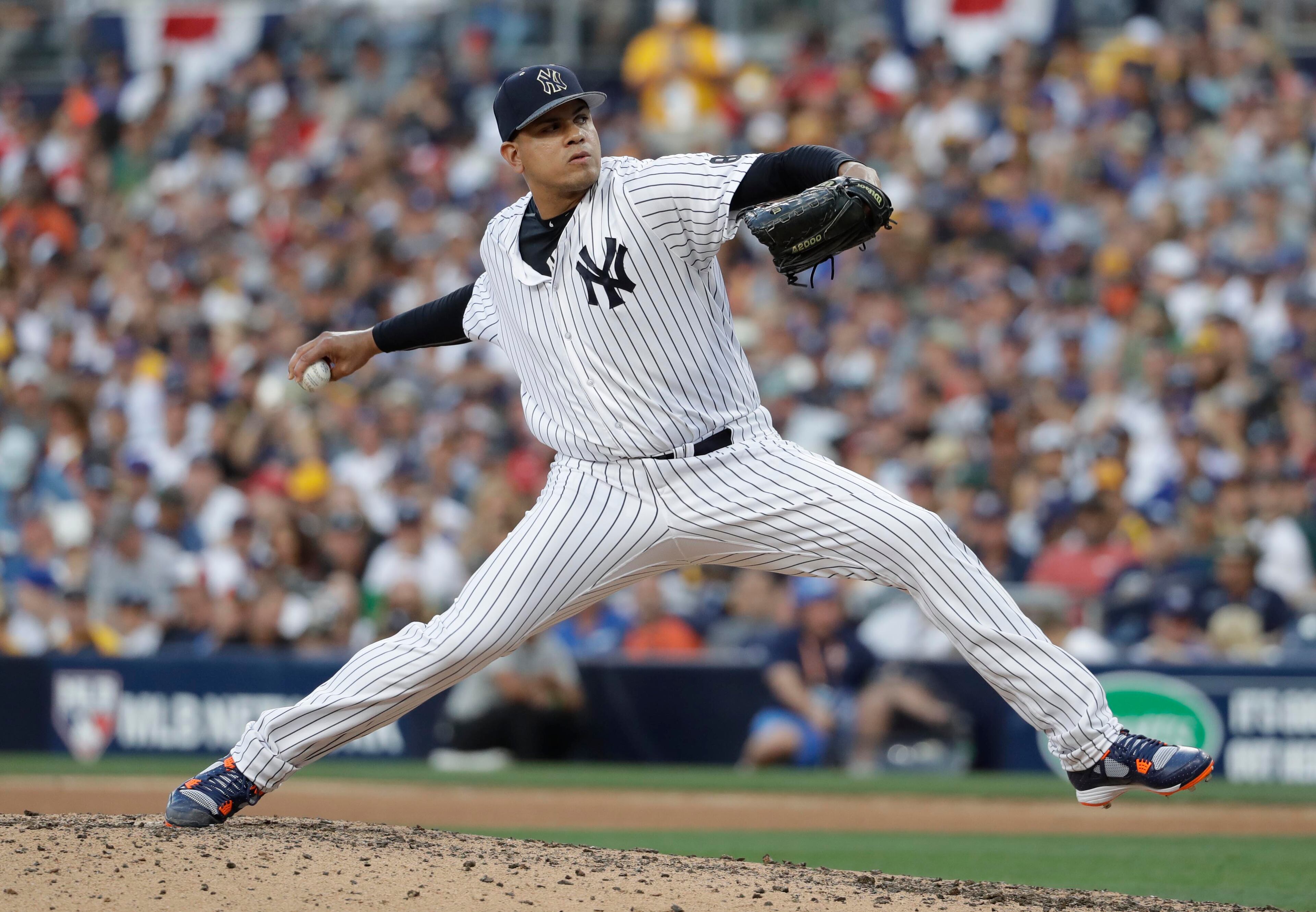 American League's Dellin Betances, of the New York Yankees, throws during the MLB baseball All-Star Game, Tuesday, July 12, 2016, in San Diego. (AP Photo/Gregory Bull)