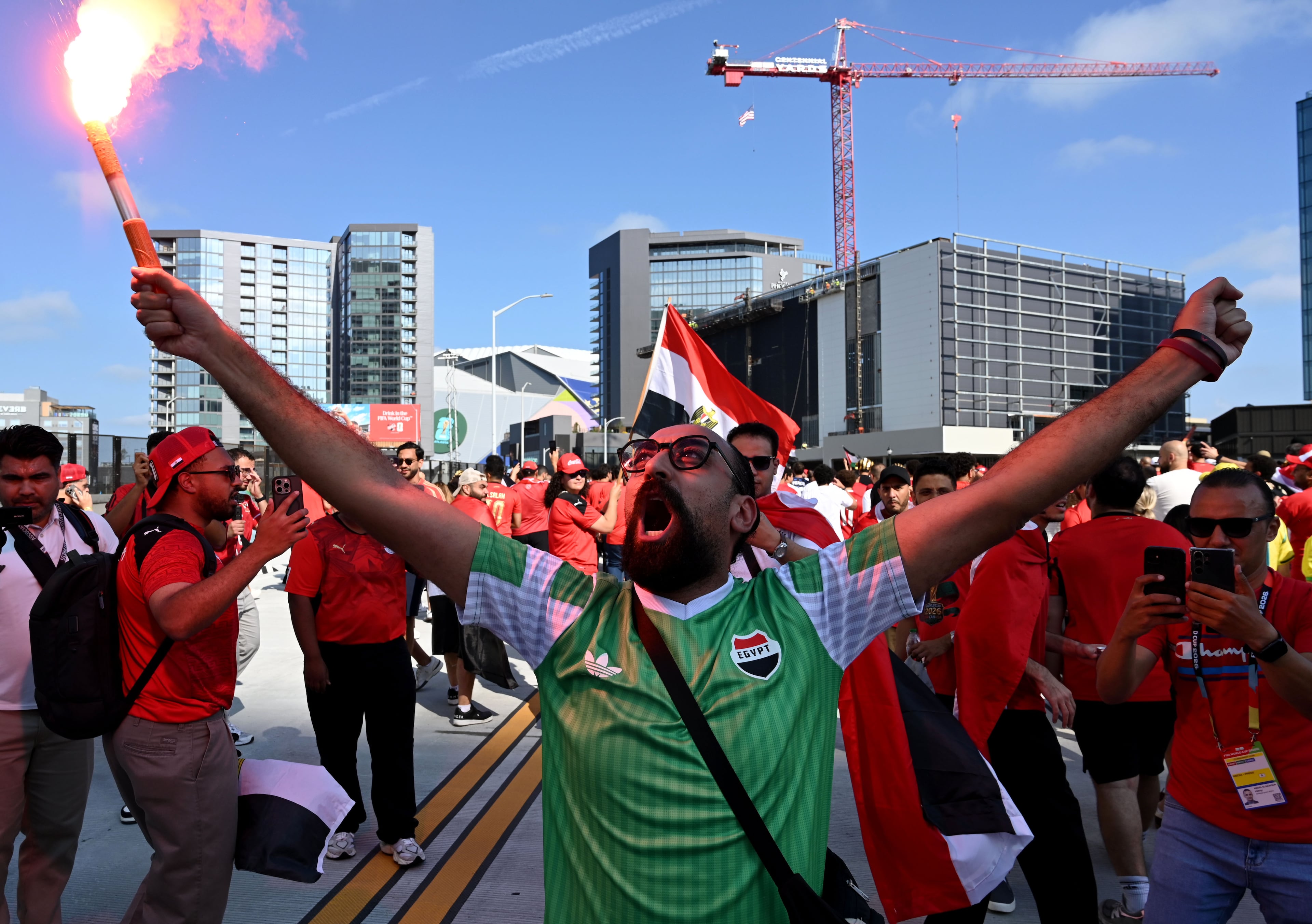 Egypt fans march and chant towards Atlanta Stadium (Mercedes Benz Stadium) before the Argentina vs. Egypt FIFA World Cup game in Atlanta on Tuesday, July 7, 2026, in Atlanta. (Hyosub Shin/AJC)