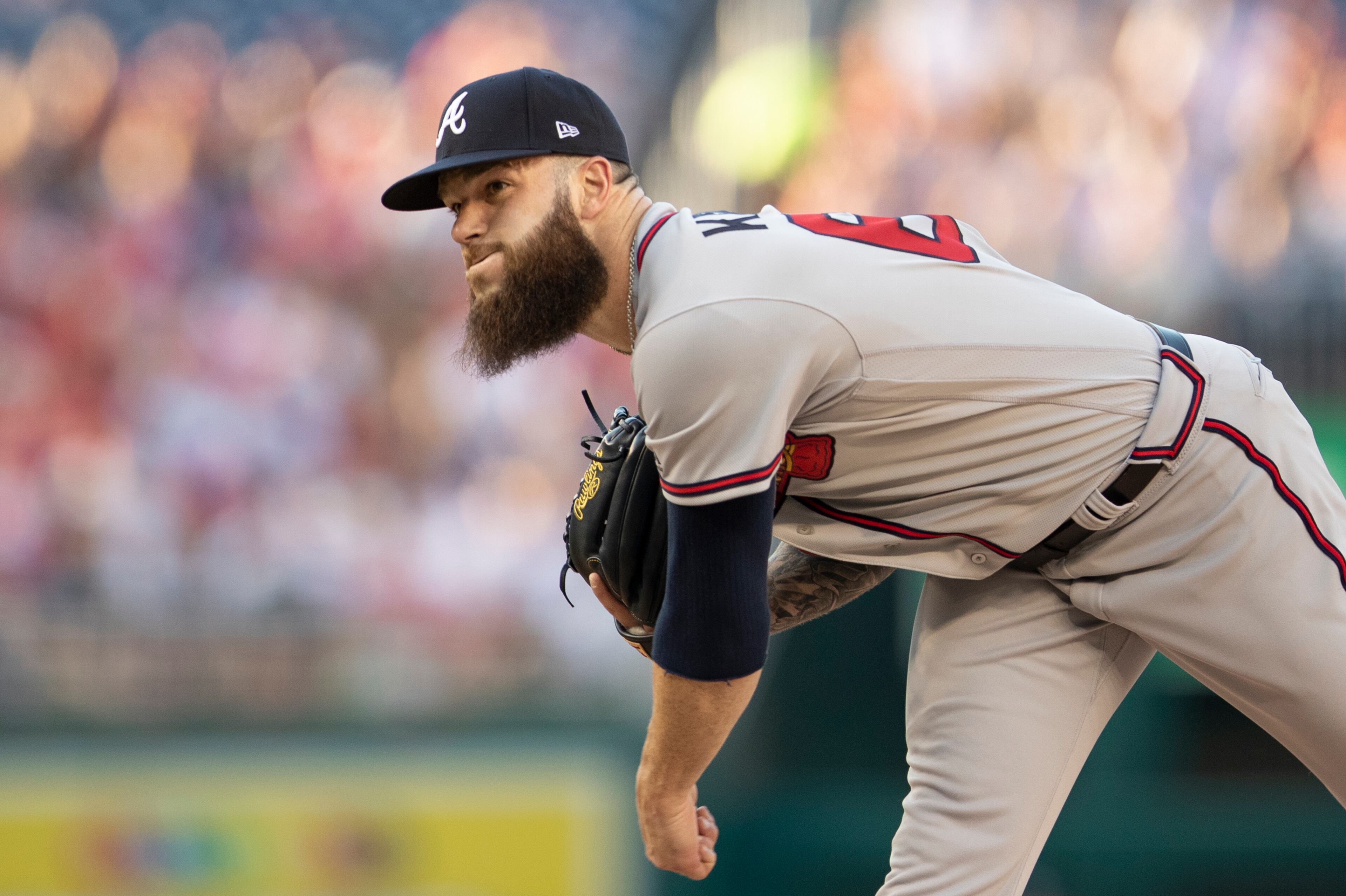 Atlanta Braves starting pitcher Dallas Keuchel throws during the first inning of a baseball game against the Washington Nationals in Washington, Friday, June 21, 2019. (AP Photo/Manuel Balce Ceneta)