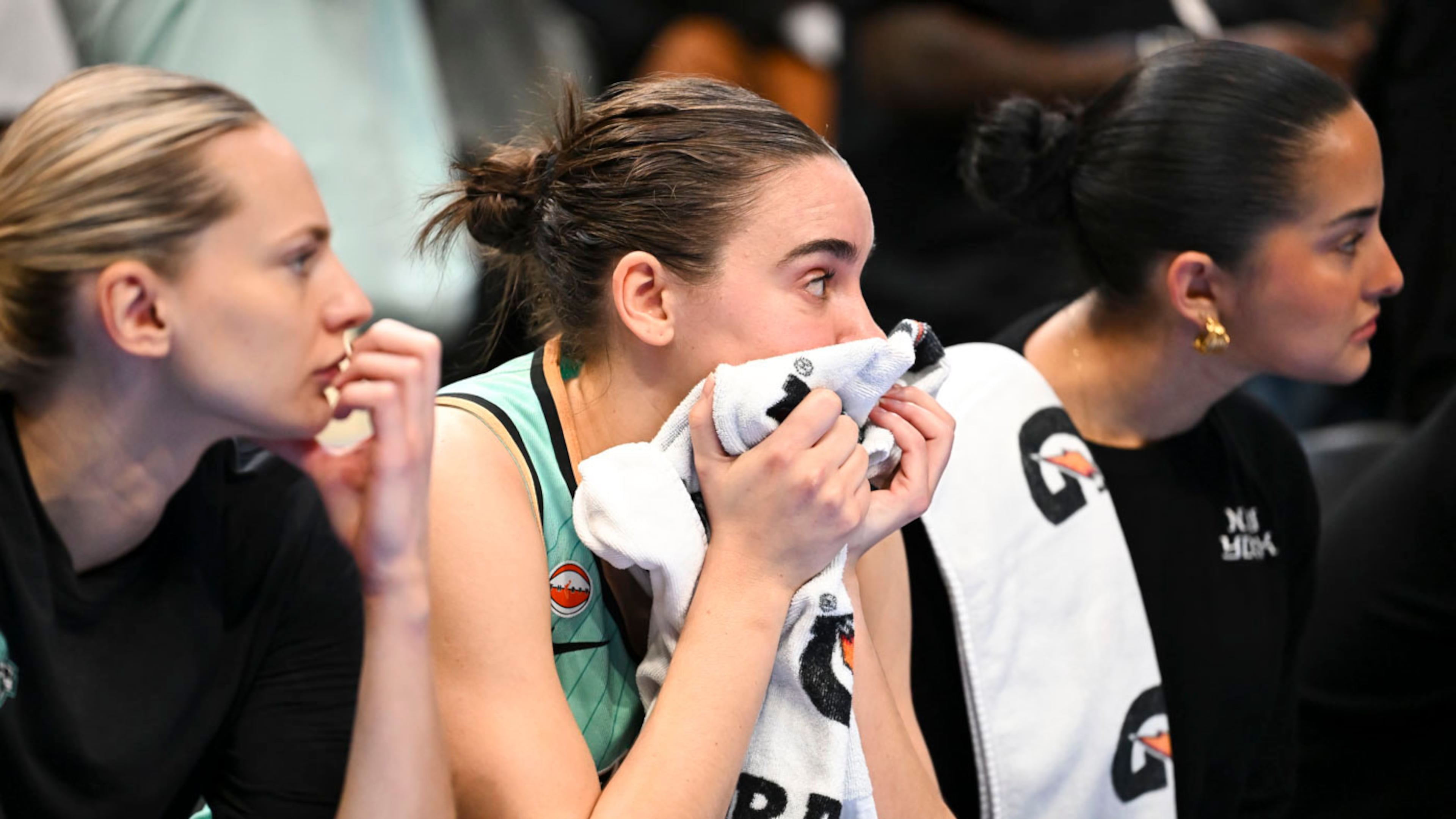New York Liberty guard Pauline Astier (18) watches during the second half in Game 2 of the WNBA basketball semifinals against Atlanta Dream, Wednesday, Oct. 7, 2026, in Atlanta. (AP Photo/Daniel Varnado)