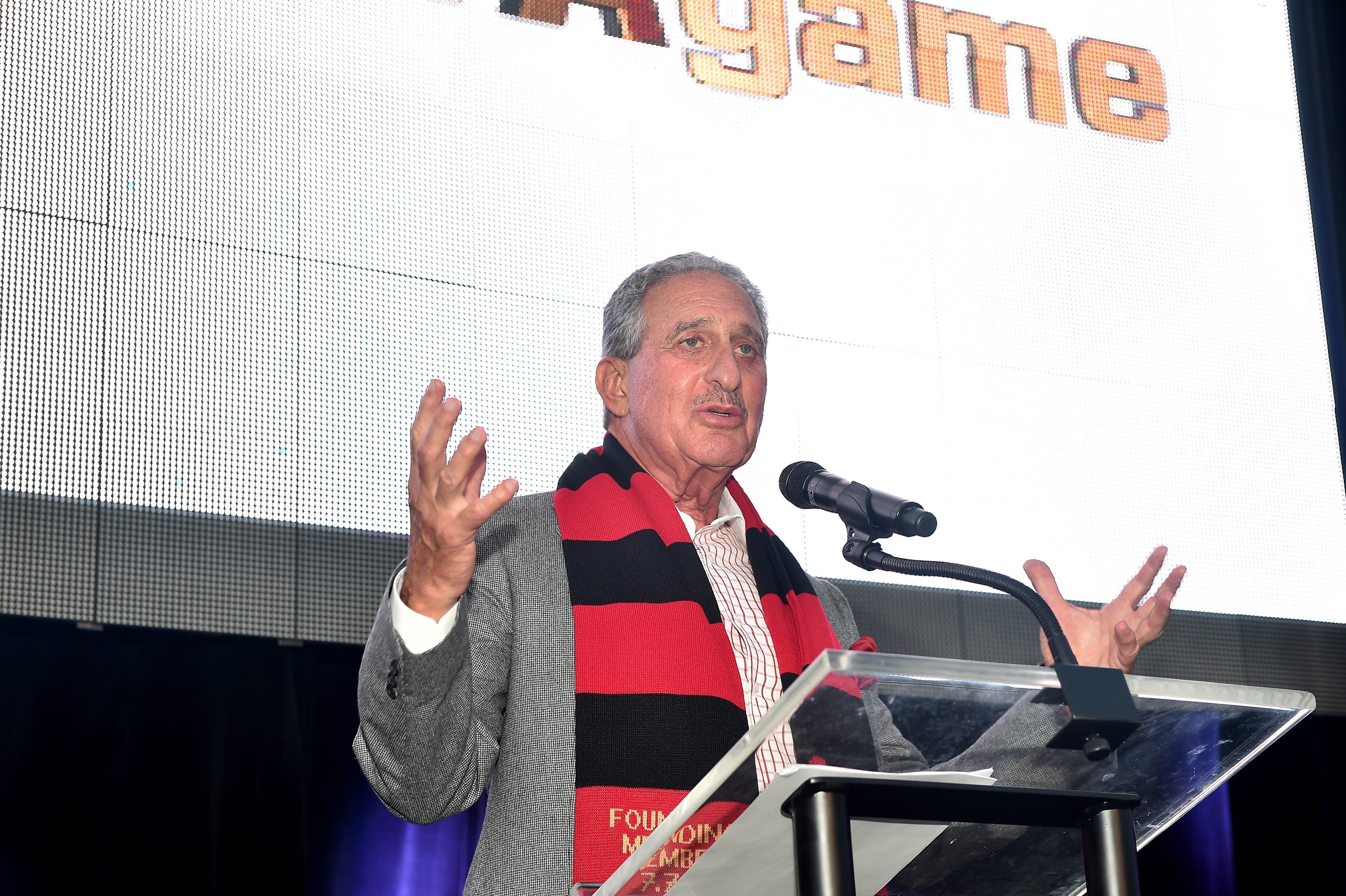 Arthur Blank speaks onstage during the MLS Atlanta Launch Event at SOHO on July 7, 2015 in Atlanta. (Photo by Paras Griffin/Getty Images for MLS Atlanta)